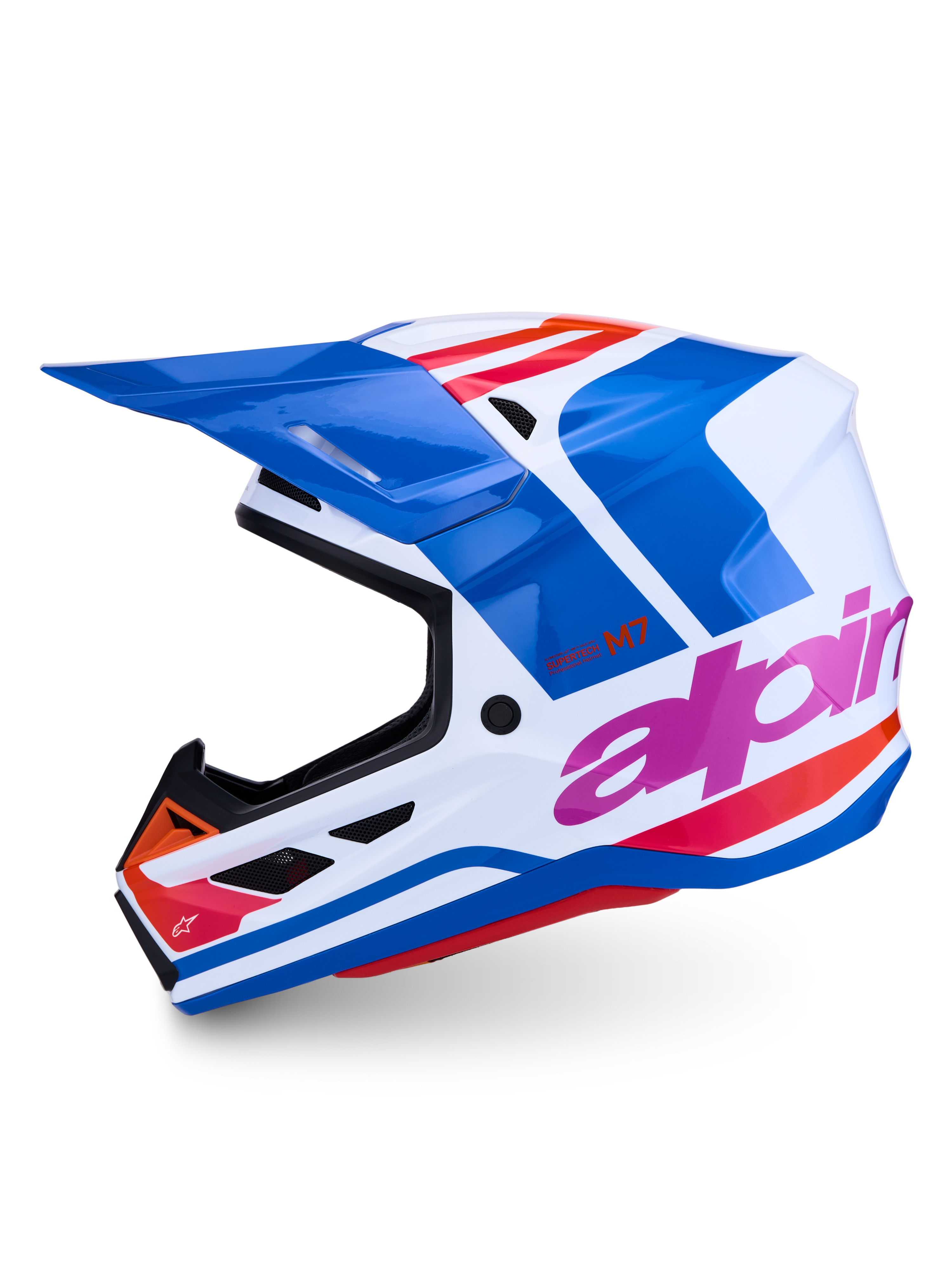 Alpinestars S-M7 Core ECE06, casque de motocross professionnel, bleu et blanc avec accents rose et orange, certifié ECE 22.06, finition brillante
