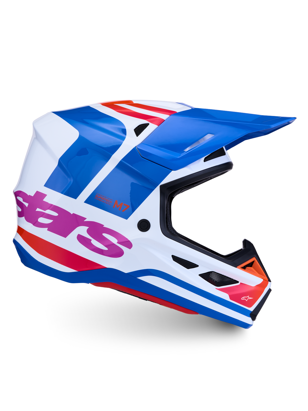 Alpinestars S-M7 Core ECE06, casque de motocross blanc et bleu, accents roses et orange, fini brillant, certifié ECE 22.06.