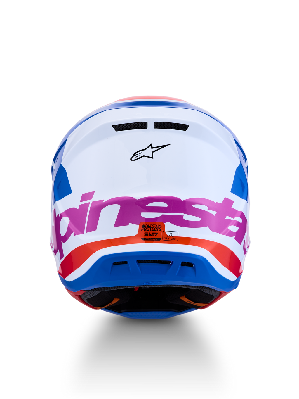 Alpinestars S-M7 Core ECE06, casque de motocross blanc et bleu avec accents rose et orange, certifié ECE 22.06, vue de dos