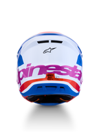 Alpinestars S-M7 Core ECE06, casque de motocross blanc et bleu avec accents rose et orange, certifié ECE 22.06, vue de dos
