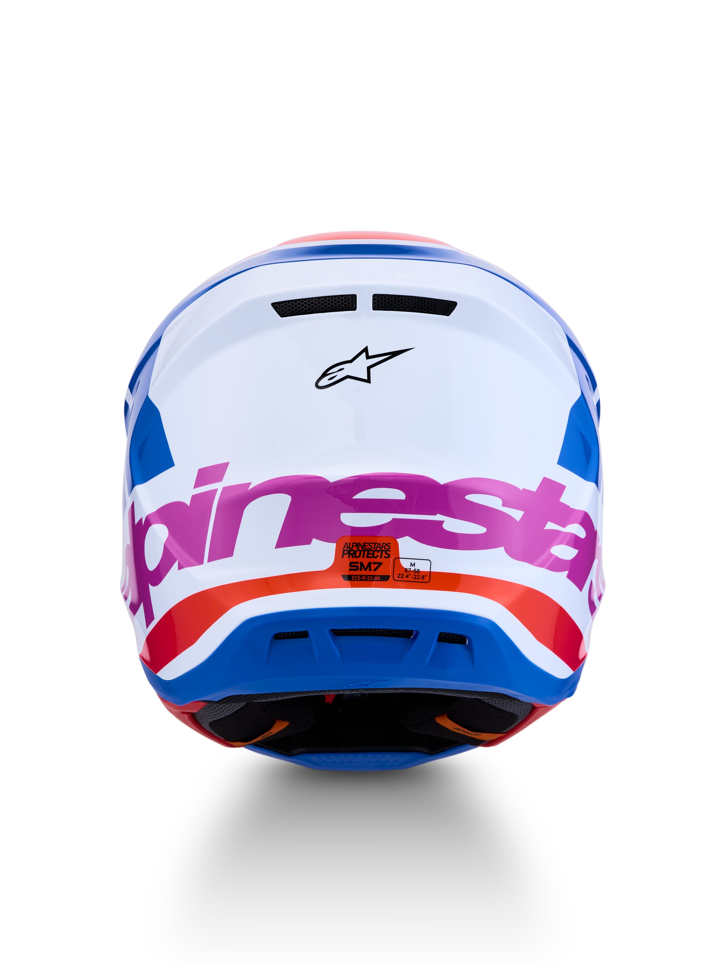 Alpinestars S-M7 Core ECE06, casque de motocross blanc et bleu avec accents rose et orange, certifié ECE 22.06, vue de dos