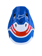 Casque Alpinestars S-M7 Core ECE06, casque de motocross bleu et blanc avec accents orange et logo Astar, vue de dessus.