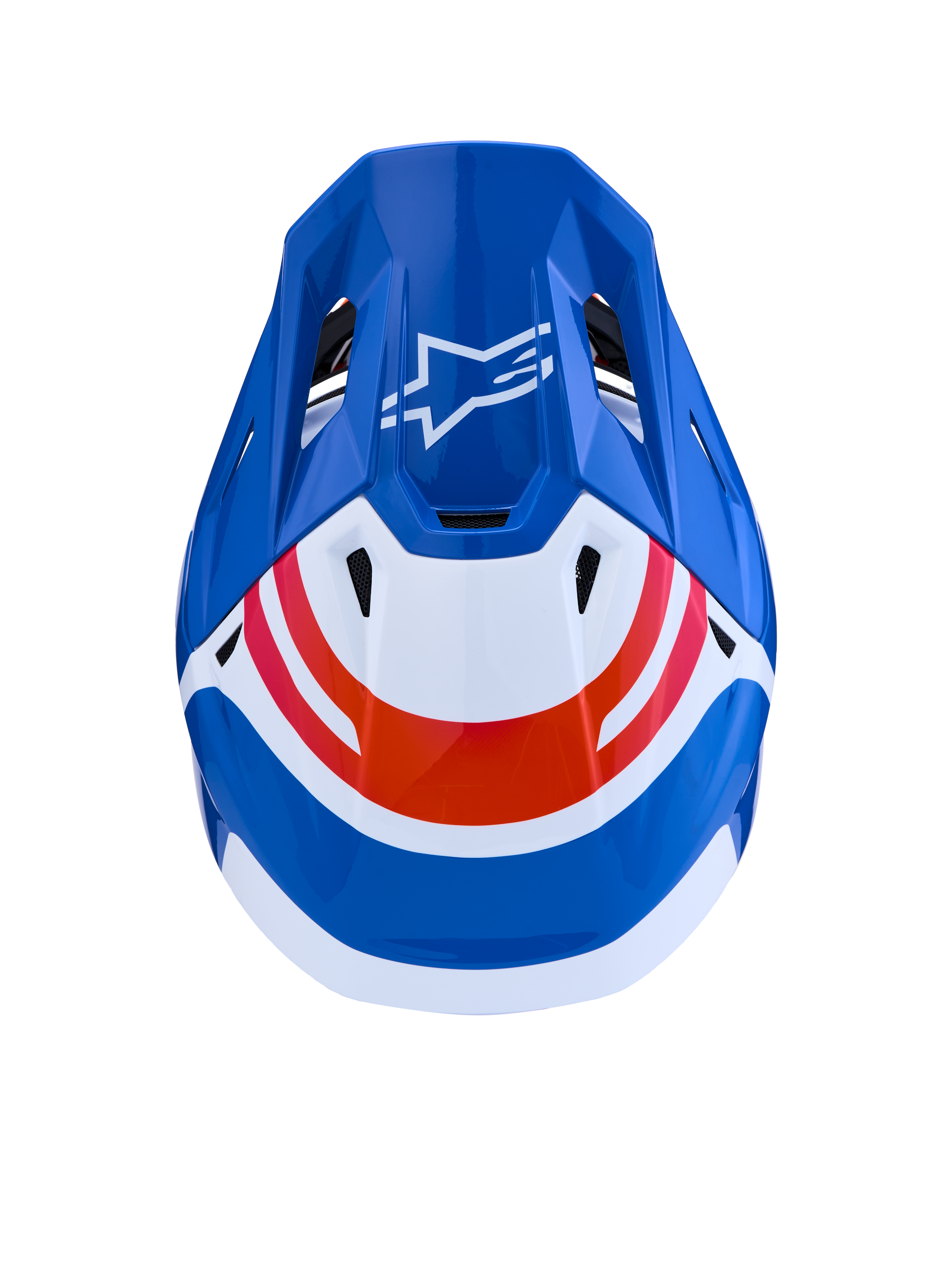 Casque Alpinestars S-M7 Core ECE06, casque de motocross bleu et blanc avec accents orange et logo Astar, vue de dessus.