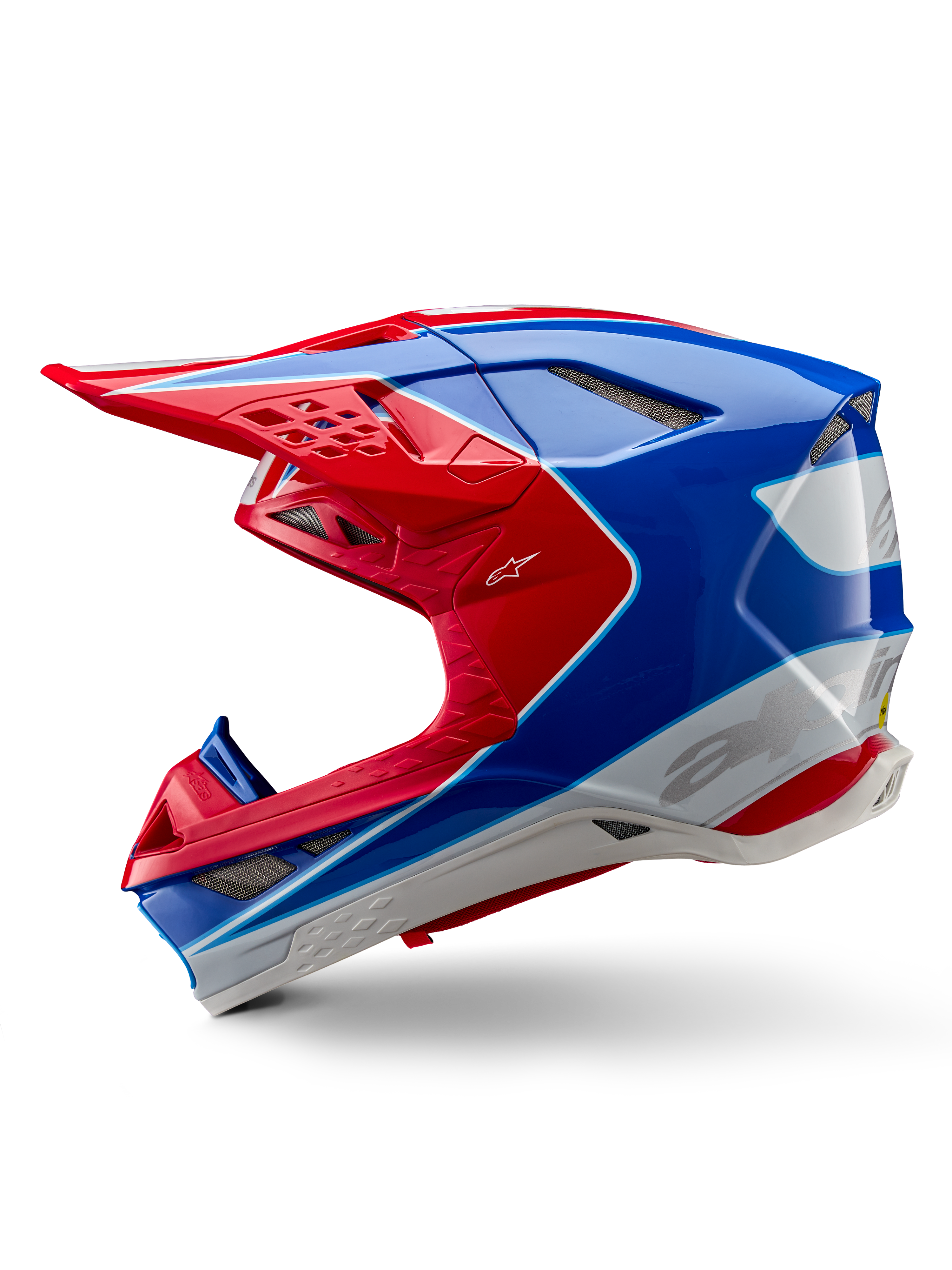 Alpinestars Supertech M10 Aeon ECE 22.06 Helmet, Motocross Helmet, Bright Red Blue Glossy, side profile view, aerodynamic multi-composite shell with integrated ventilation ports and red and blue graphic design, glossy finish for off-road racing