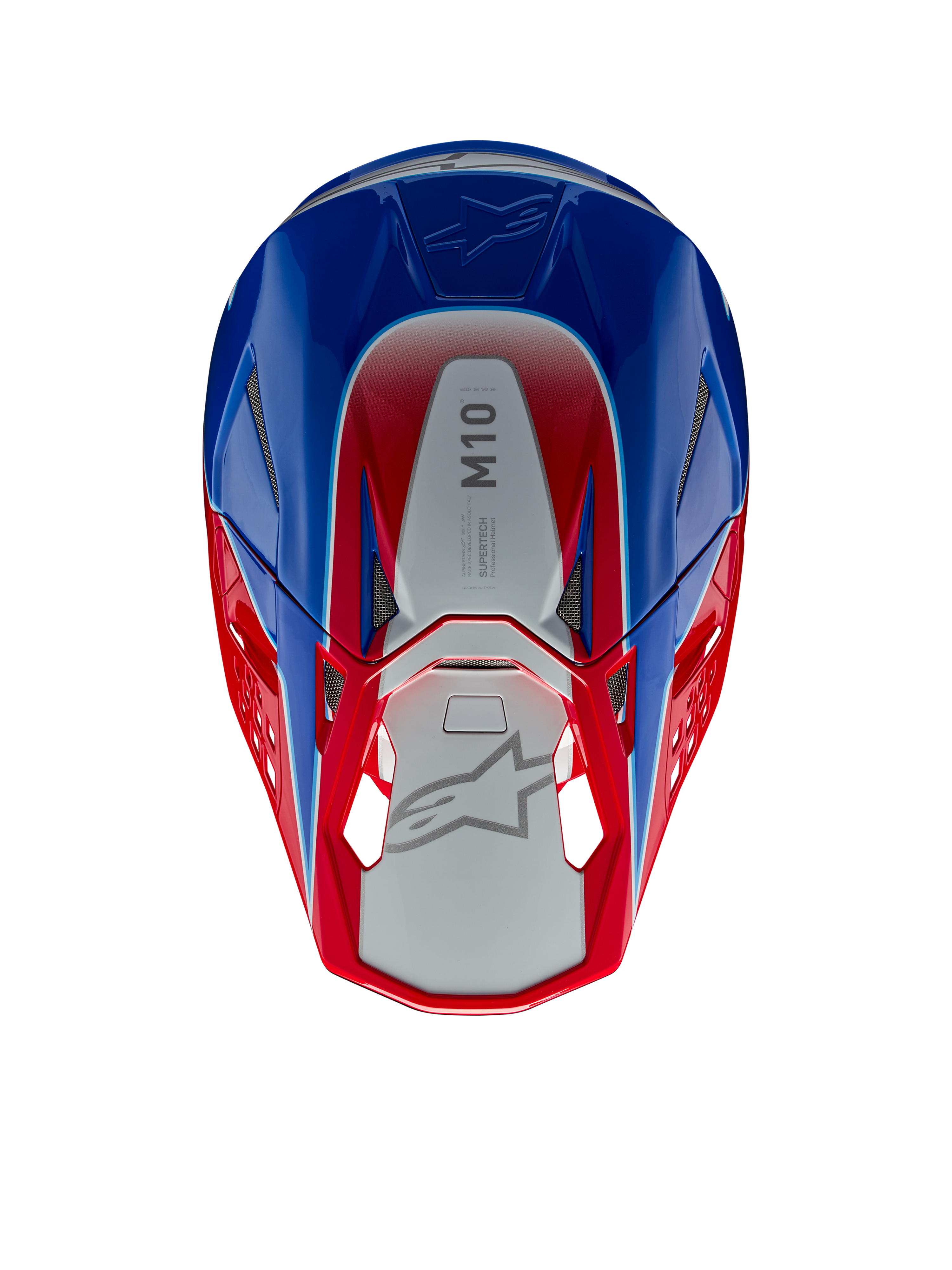 Alpinestars Supertech M10 Aeon Helmet, Motocross Helmet, Bright Red and Blue Glossy, top-down view showing silver central panel with M10 branding, aerodynamic shell with red and blue accents, mesh ventilation ports, high-performance motocross head protection