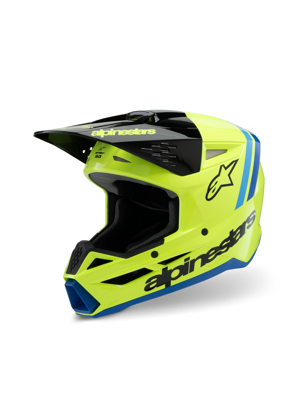 Casque Alpinestars S-M3 Youth Radium, casque de motocross, jaune fluo, noir et bleu, doté d'une visière noire, logo Alpinestars imposant sur le côté, accents bleus sur les finitions, équipement de protection haute performance pour les jeunes pilotes