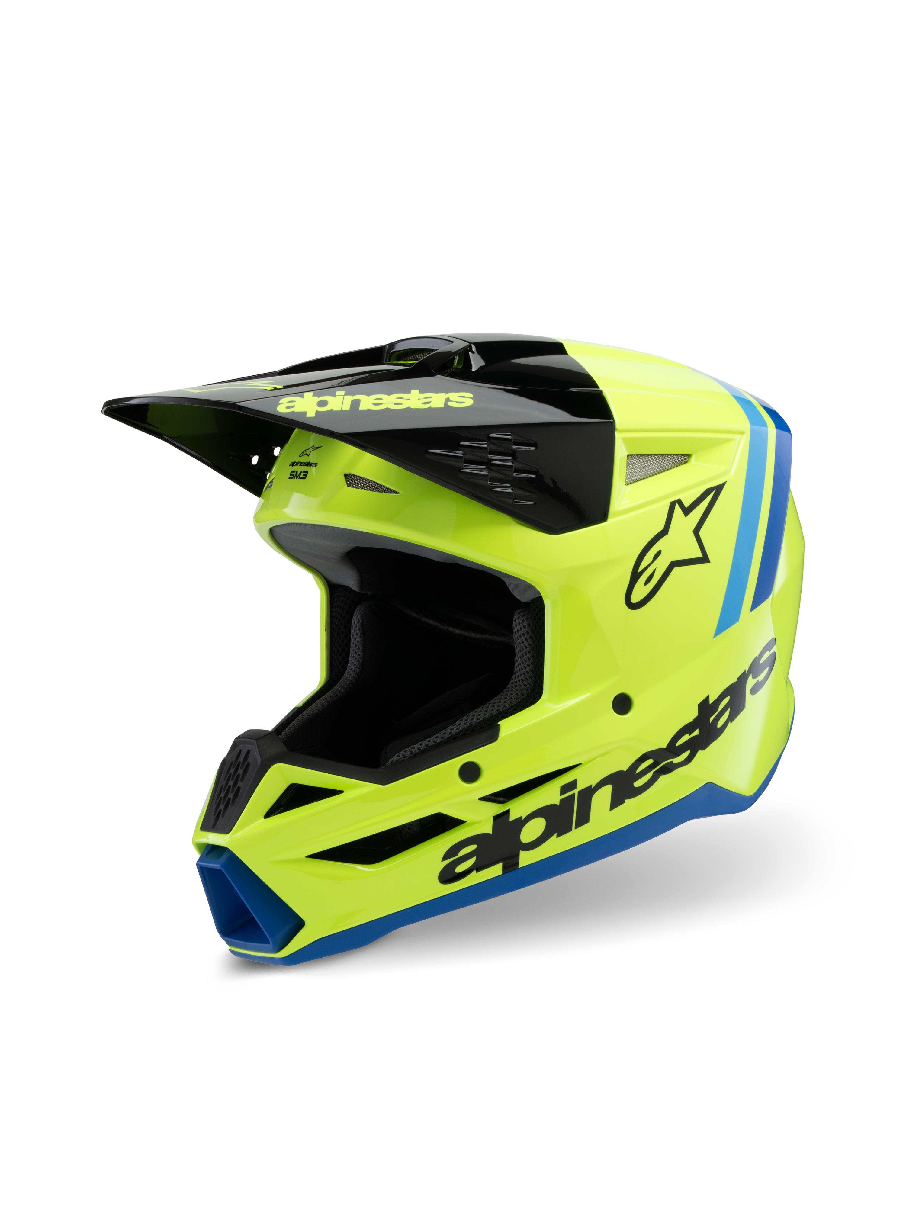 Casque Alpinestars S-M3 Youth Radium, casque de motocross, jaune fluo, noir et bleu, doté d'une visière noire, logo Alpinestars imposant sur le côté, accents bleus sur les finitions, équipement de protection haute performance pour les jeunes pilotes