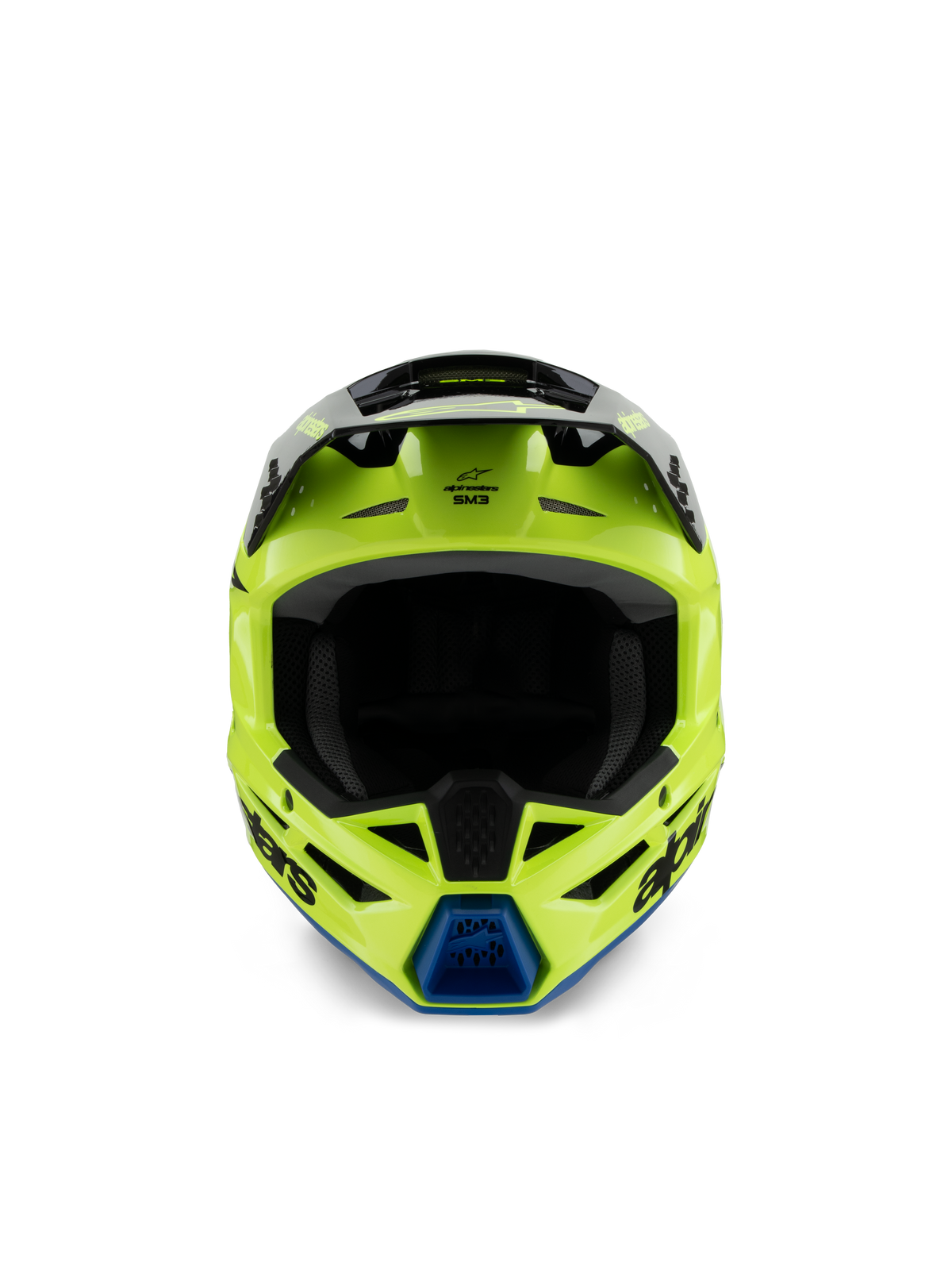 Casque Alpinestars S-M3 Youth Radium, casque de motocross, jaune fluo, noir et bleu, vue de face montrant la visière noire et l'aération de mentonnière bleue, logo Alpinestars distinctif, profil aérodynamique élégant pour la compétition tout-terrain junior