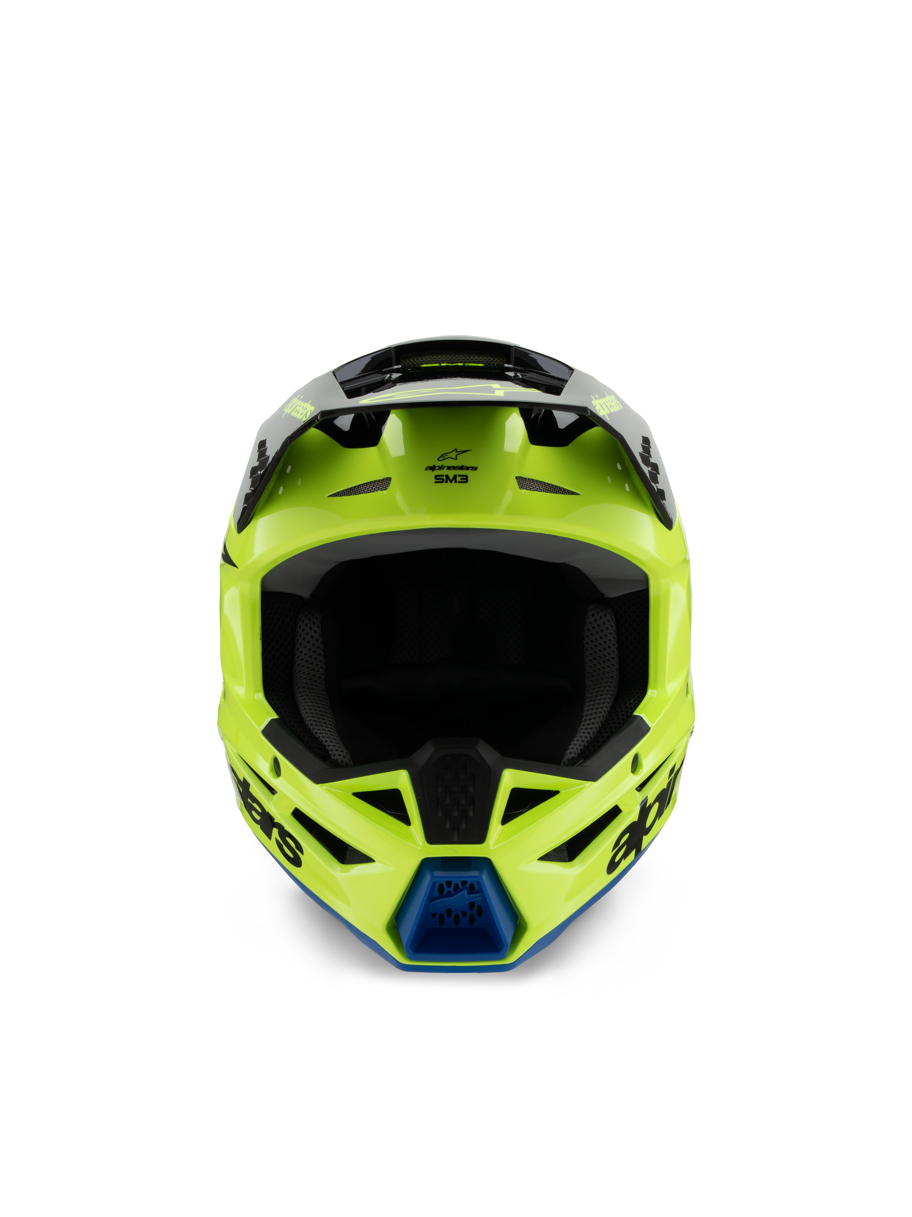 Casque Alpinestars S-M3 Youth Radium, casque de motocross, jaune fluo, noir et bleu, vue de face montrant la visière noire et l'aération de mentonnière bleue, logo Alpinestars distinctif, profil aérodynamique élégant pour la compétition tout-terrain junior