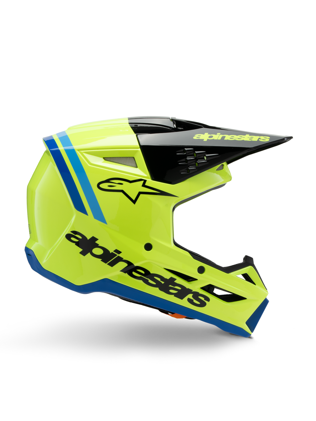 Casque Alpinestars S-M3 Youth Radium, casque de motocross pour enfant, jaune fluo éclatant avec accents noirs et bleus, vue latérale mettant en valeur le design aérodynamique, visière noire avec logo jaune, marquage noir imposant sur le côté, protection certifiée ECE 22.06 pour la course tout-terrain