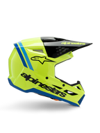 Casque Alpinestars S-M3 Youth Radium, casque de motocross pour enfant, jaune fluo éclatant avec accents noirs et bleus, vue latérale mettant en valeur le design aérodynamique, visière noire avec logo jaune, marquage noir imposant sur le côté, protection certifiée ECE 22.06 pour la course tout-terrain