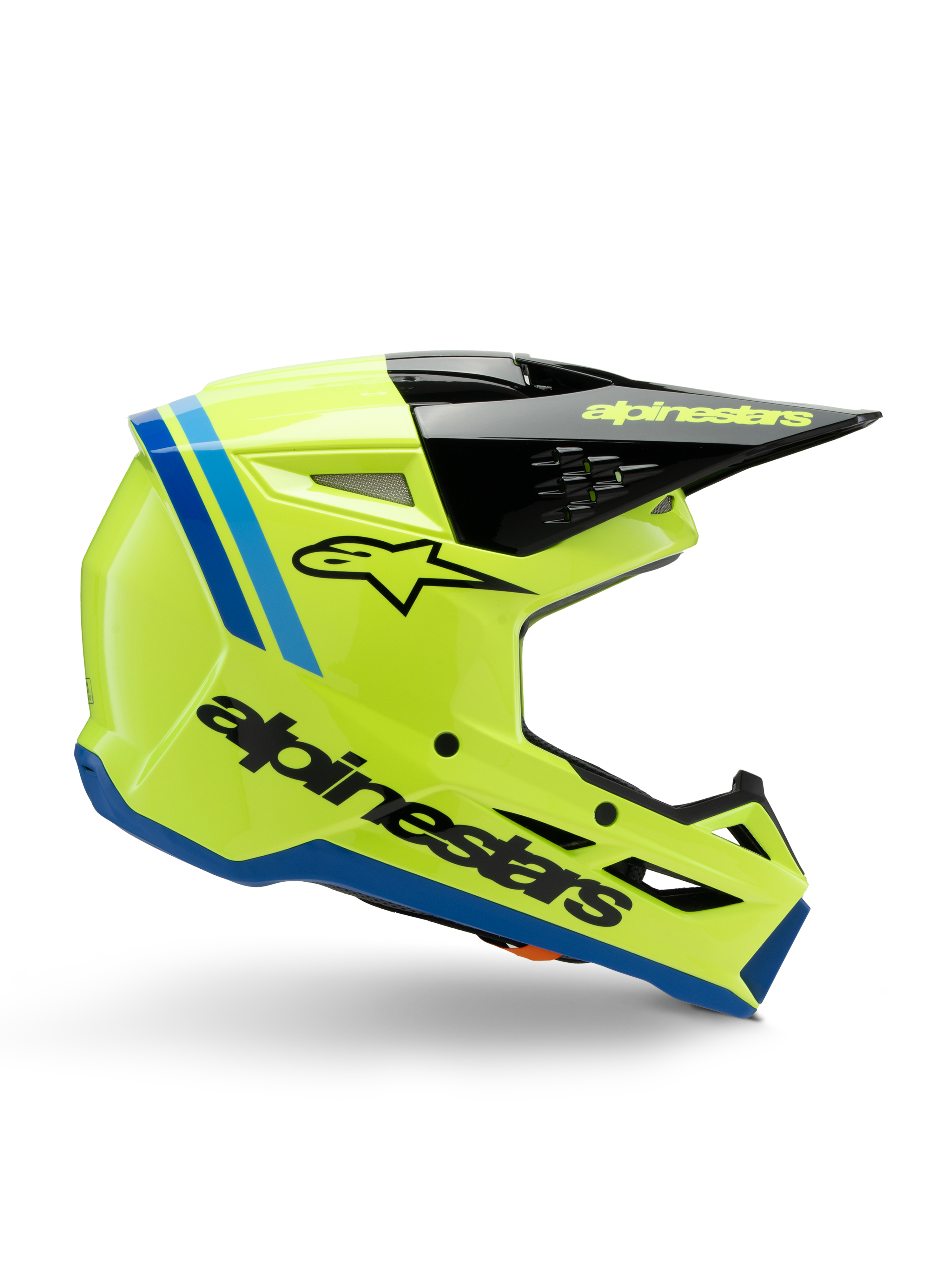 Casque Alpinestars S-M3 Youth Radium, casque de motocross pour enfant, jaune fluo éclatant avec accents noirs et bleus, vue latérale mettant en valeur le design aérodynamique, visière noire avec logo jaune, marquage noir imposant sur le côté, protection certifiée ECE 22.06 pour la course tout-terrain