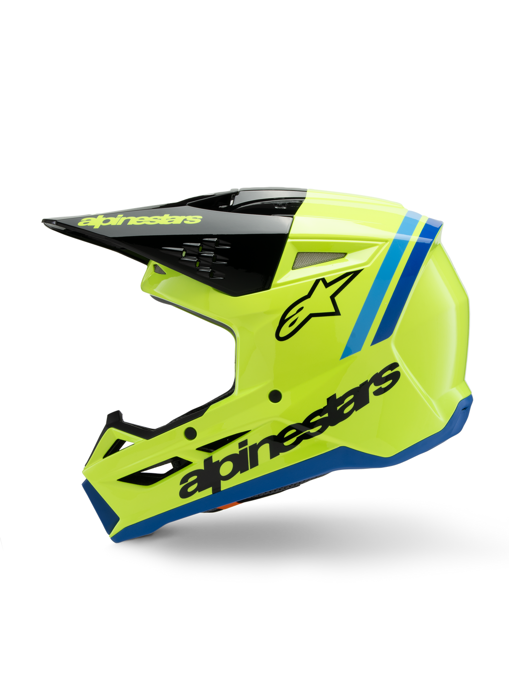 Casque Alpinestars S-M3 Junior Radium, casque de motocross, jaune fluorescent vif avec des accents bleus et noirs, logo Alpinestars audacieux, profil aérodynamique élégant pour les compétitions tout-terrain junior