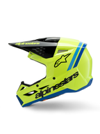 Casque Alpinestars S-M3 Junior Radium, casque de motocross, jaune fluorescent vif avec des accents bleus et noirs, logo Alpinestars audacieux, profil aérodynamique élégant pour les compétitions tout-terrain junior