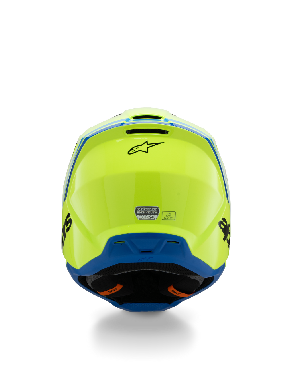 Alpinestars Casque S-M3 Junior Radium ECE 22.06, casque de motocross, jaune fluo et bleu, vue arrière avec logo Alpinestars noir et autocollant de certification ECE, design de coque aérodynamique pour le tout-terrain junior