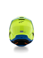 Alpinestars Casque S-M3 Junior Radium ECE 22.06, casque de motocross, jaune fluo et bleu, vue arrière avec logo Alpinestars noir et autocollant de certification ECE, design de coque aérodynamique pour le tout-terrain junior