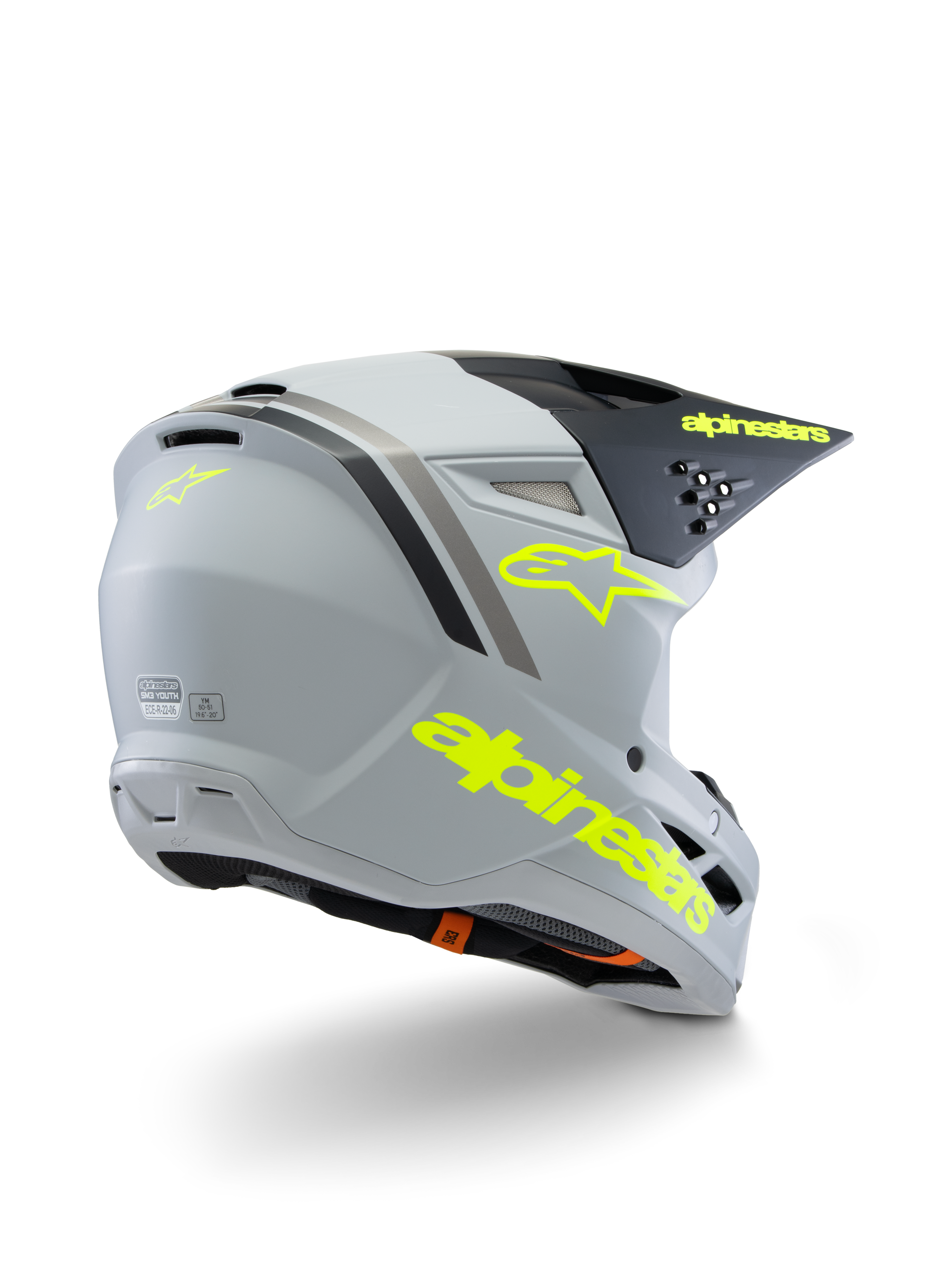 Alpinestars S-M3 Youth Radium Helmet ECE 22.06, Motocross Helmet, Gray Black and Fluorescent Yellow Matte, rear three-quarter view showing bold yellow branding and star logo, sleek aerodynamic shell with ventilation for off-road riding