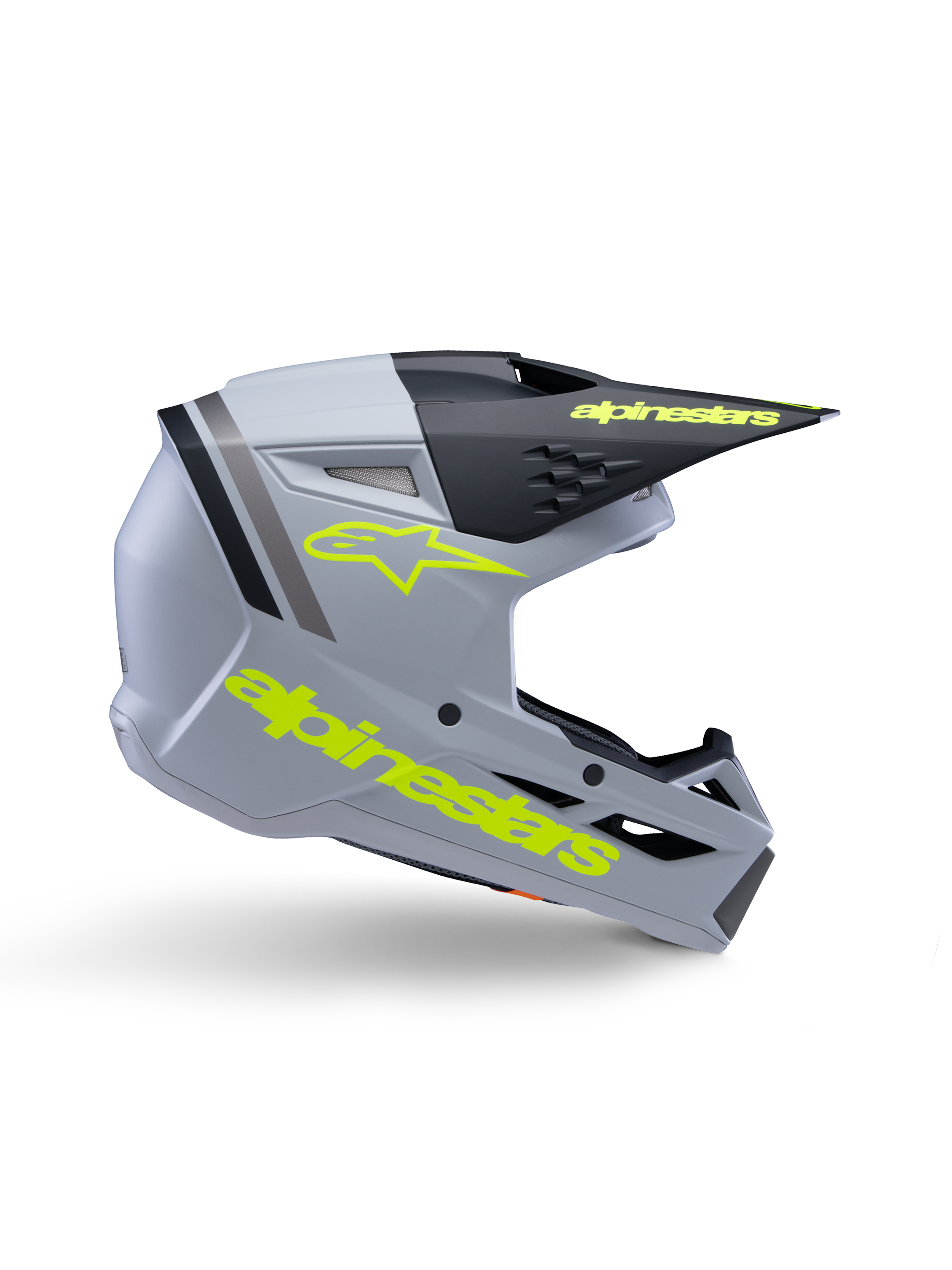 Alpinestars S-M3 Youth Radium Helmet ECE 22.06, casque de motocross pour enfant, gris mat et noir avec logos jaune fluo, profil latéral montrant le logo et le texte Alpinestars, design aérodynamique avec ventilation intégrée et visière noire.