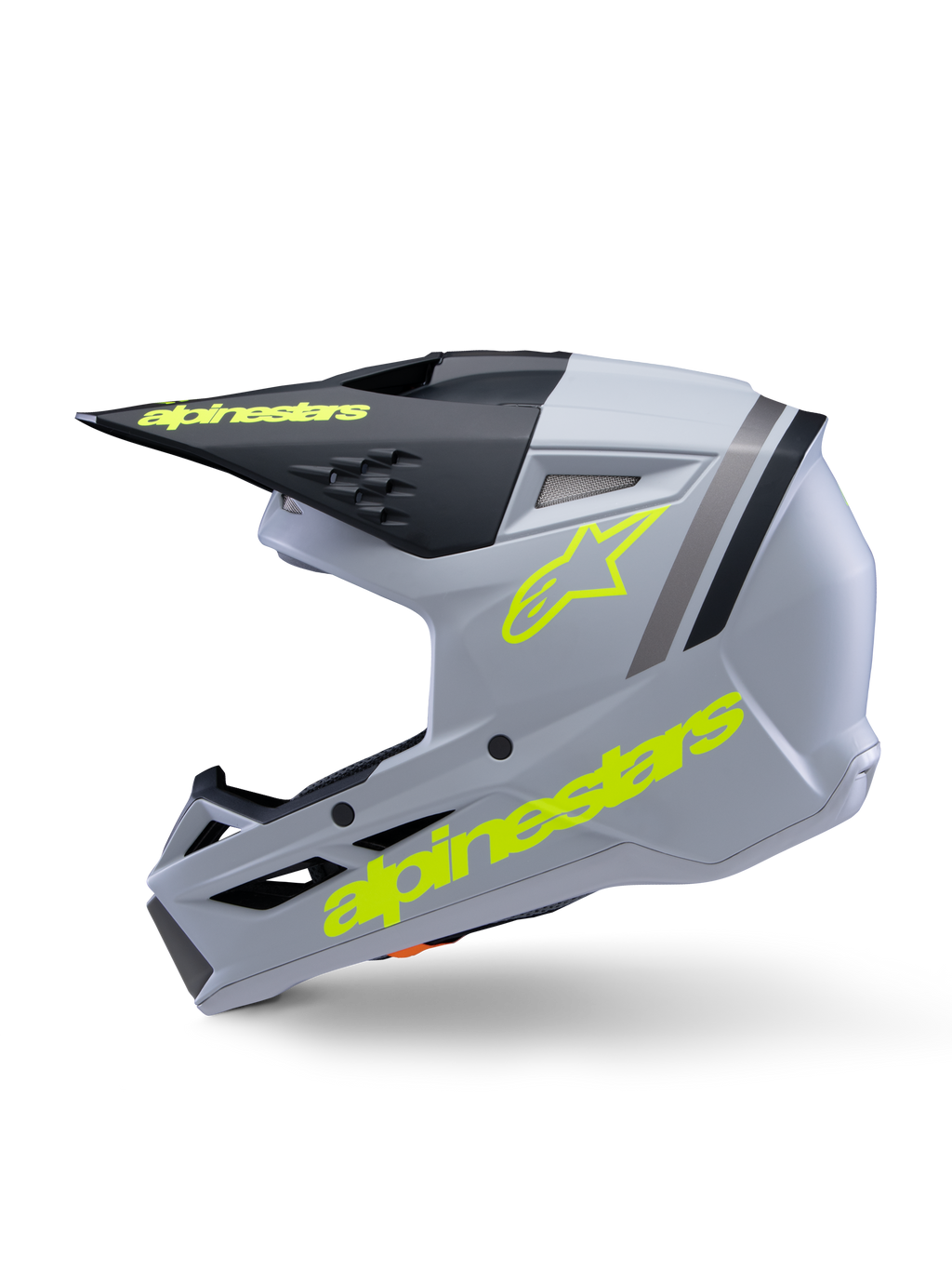 Alpinestars S-M3 Youth Radium Helmet ECE 22.06, Motocross Helmet, Gray Black and Yellow Fluo Matte, side view featuring yellow fluorescent Alpinestars logos and black visor, streamlined protective gear for youth riders