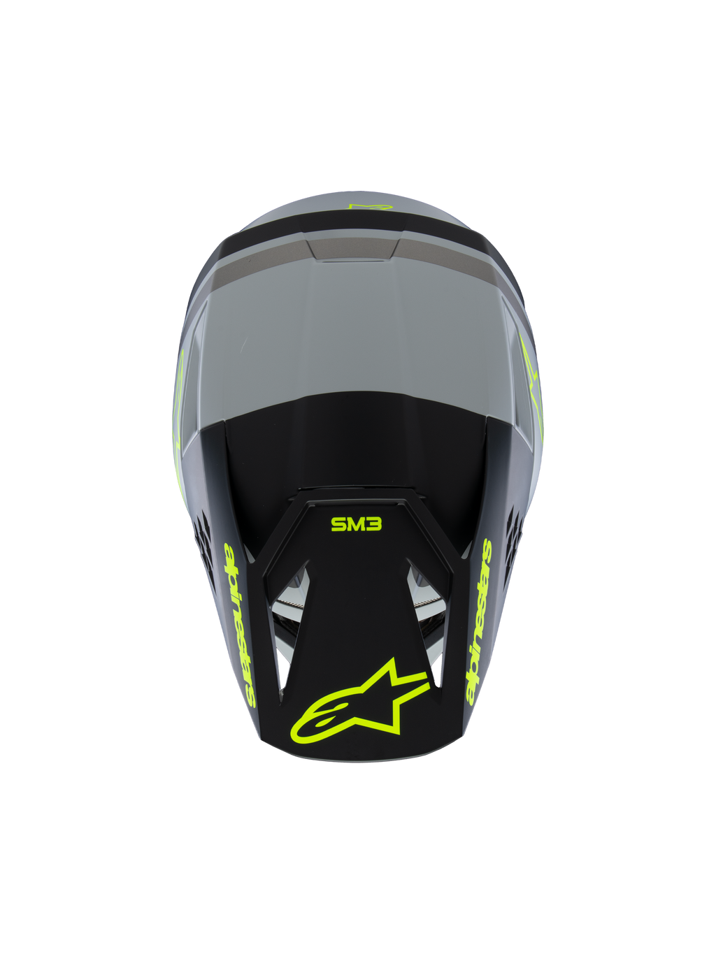 Alpinestars S-M3 Youth Radium Helmet ECE 22.06, Motocross Helmet, Matte Gray and Black with Fluorescent Yellow accents, Top view showing Alpinestars and SM3 branding, specialized youth off-road head protection