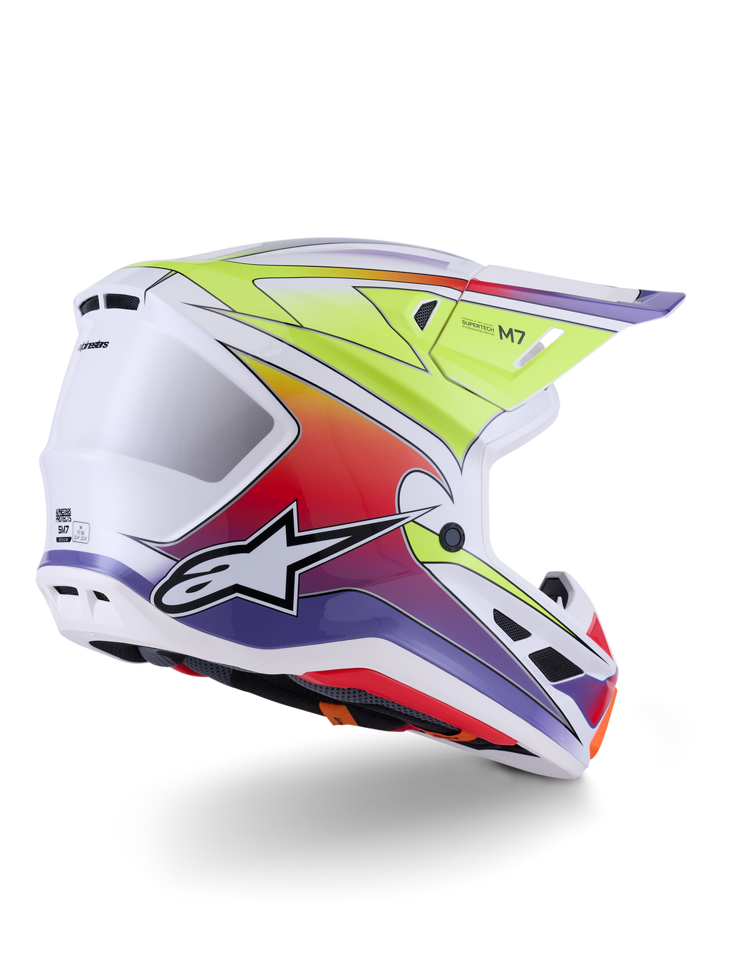 Casque Alpinestars S-M7 Fuse, casque de motocross, blanc, jaune fluo et violet brillant, graphismes dégradés multicolores éclatants avec logo étoile noir et blanc proéminent, coque composite aérodynamique avec ports de ventilation intégrés, conçu pour la course tout-terrain