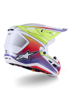 Casque Alpinestars S-M7 Fuse, casque de motocross, blanc, jaune fluo et violet brillant, graphismes dégradés multicolores éclatants avec logo étoile noir et blanc proéminent, coque composite aérodynamique avec ports de ventilation intégrés, conçu pour la course tout-terrain