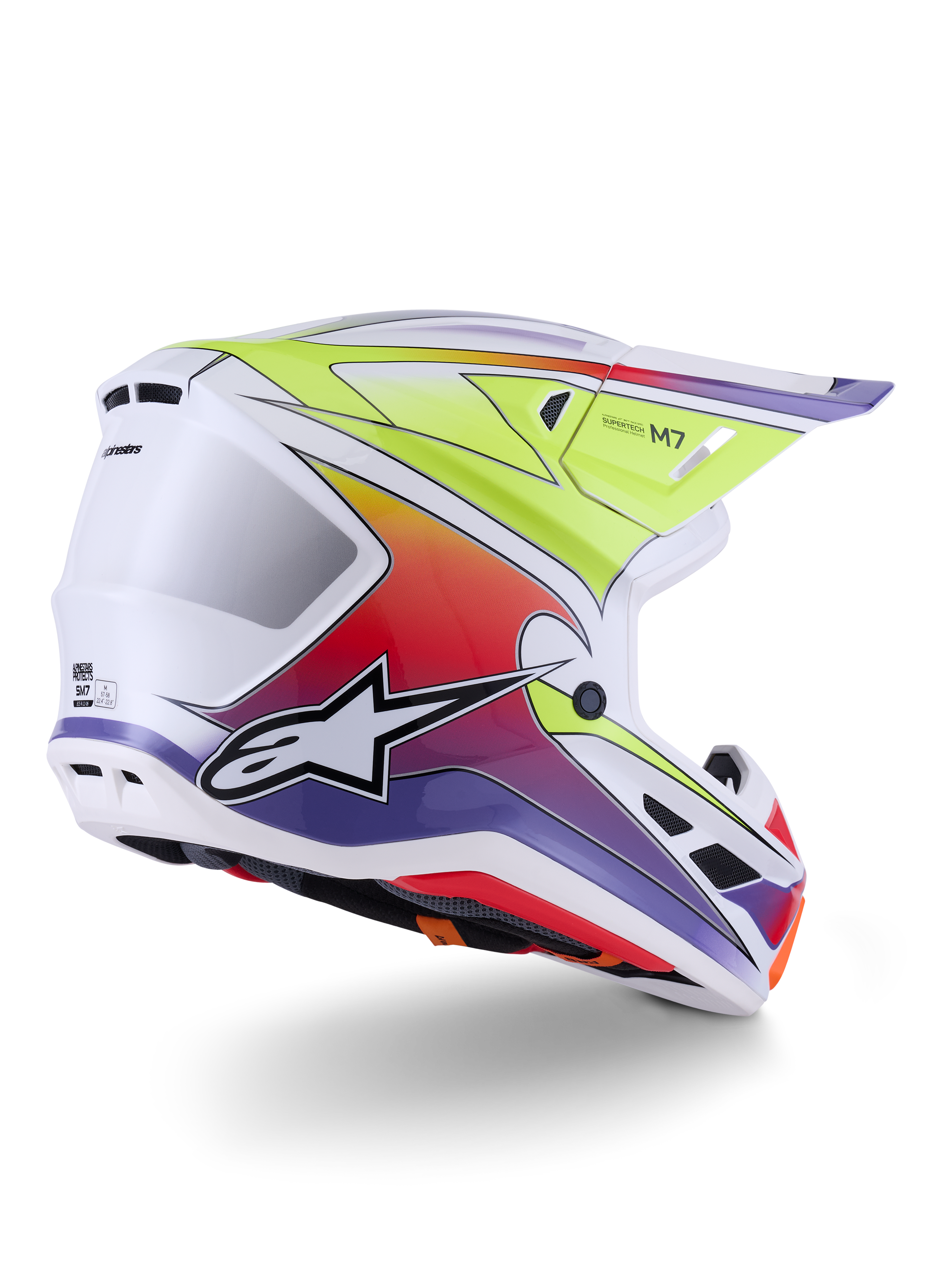 Casque Alpinestars S-M7 Fuse, casque de motocross, blanc, jaune fluo et violet brillant, graphismes dégradés multicolores éclatants avec logo étoile noir et blanc proéminent, coque composite aérodynamique avec ports de ventilation intégrés, conçu pour la course tout-terrain