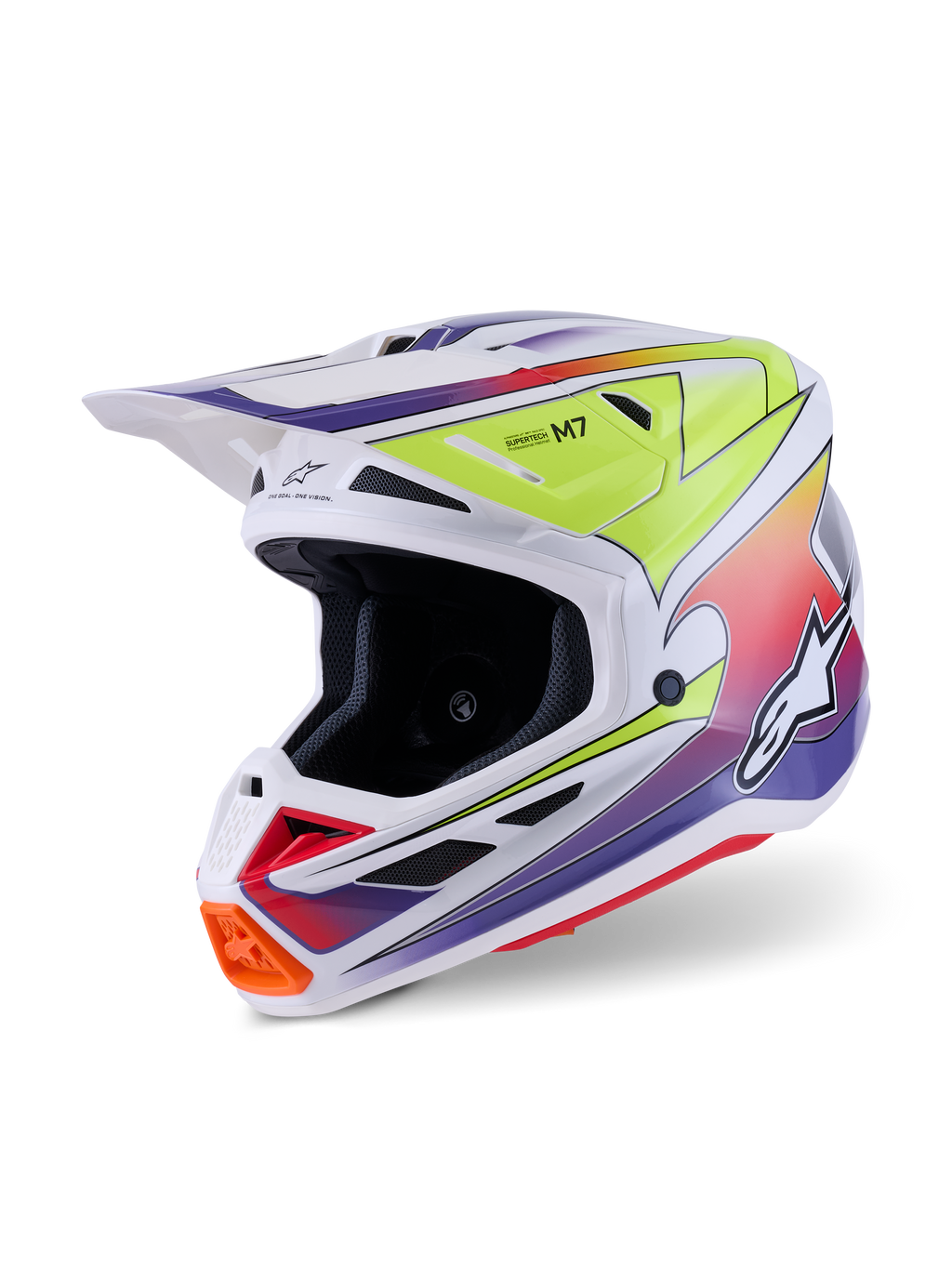 Casque Alpinestars S-M7 Fuse, casque de motocross, blanc avec graphismes en dégradé jaune fluo et violet, doté d'une coque composite profilée, d'une visière intégrée, de multiples aérations en mesh et d'un design de course haute performance pour une utilisation tout-terrain