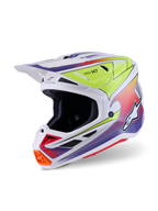 Casque Alpinestars S-M7 Fuse, casque de motocross, blanc avec graphismes en dégradé jaune fluo et violet, doté d'une coque composite profilée, d'une visière intégrée, de multiples aérations en mesh et d'un design de course haute performance pour une utilisation tout-terrain