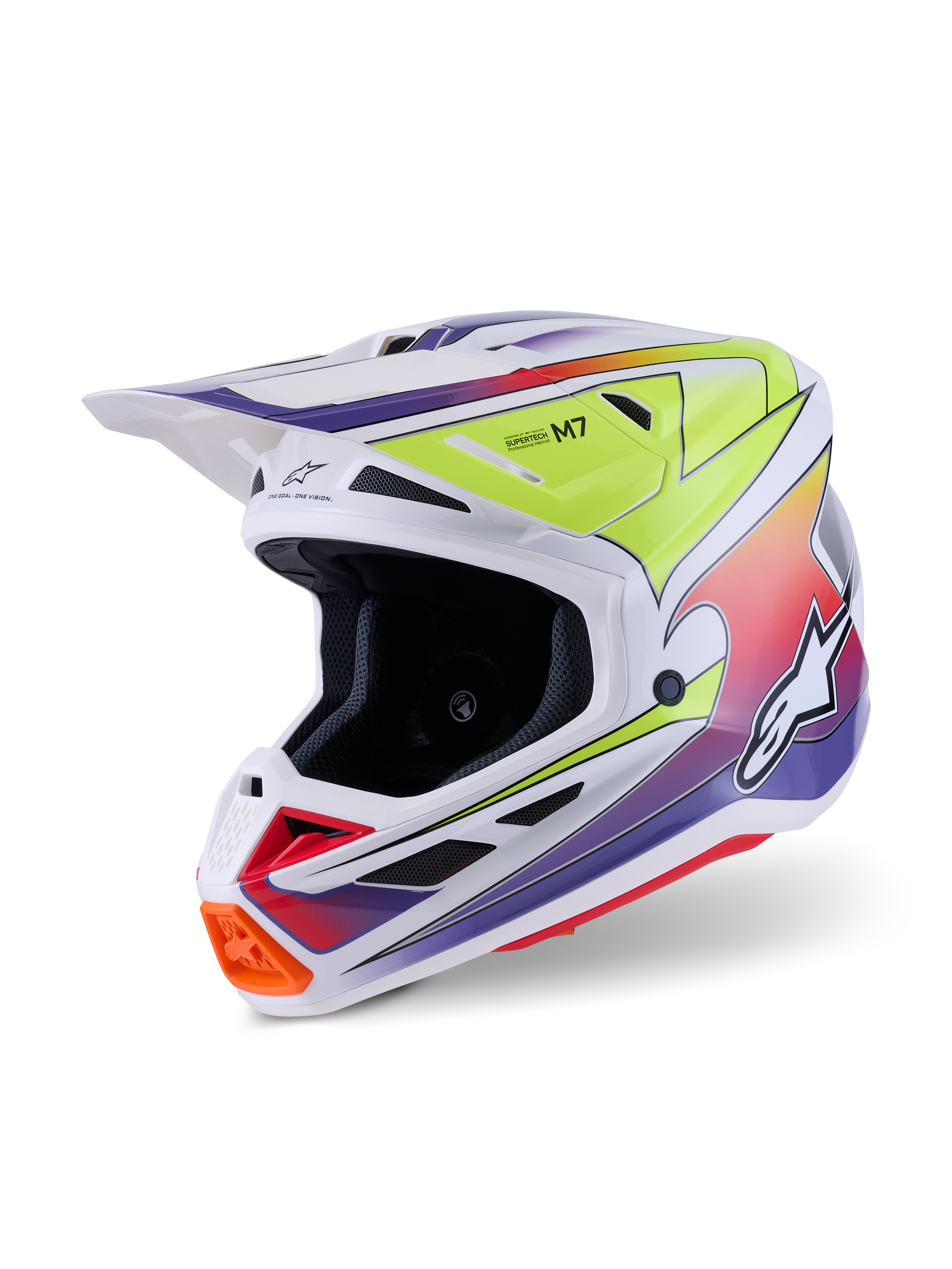 Casque Alpinestars S-M7 Fuse, casque de motocross, blanc avec graphismes en dégradé jaune fluo et violet, doté d'une coque composite profilée, d'une visière intégrée, de multiples aérations en mesh et d'un design de course haute performance pour une utilisation tout-terrain
