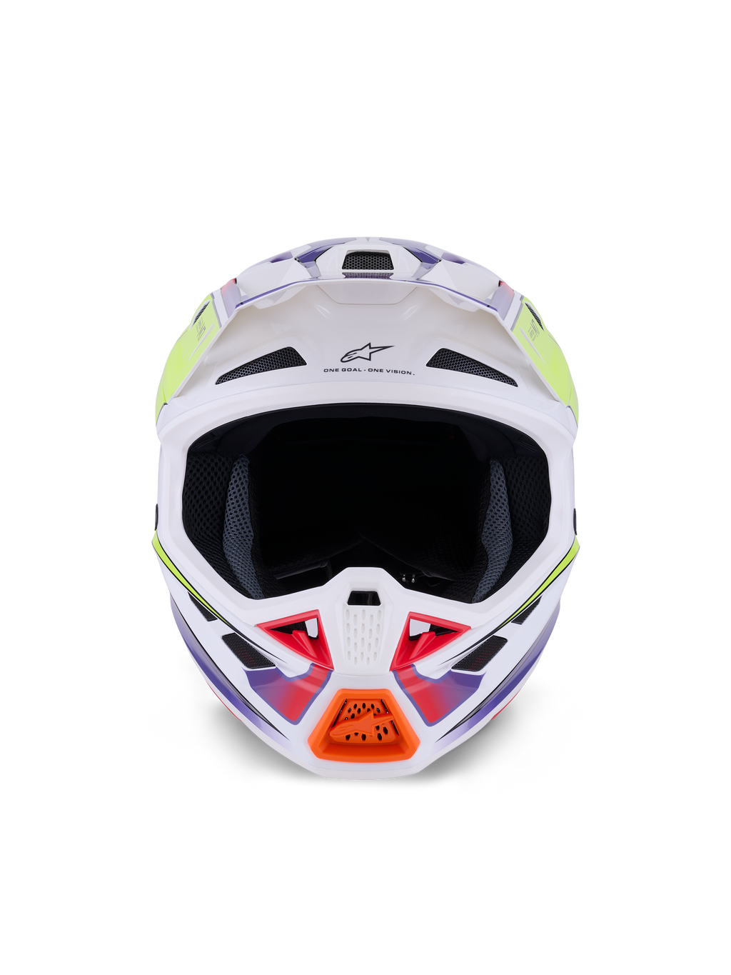 Casque Alpinestars S-M7 Fuse, casque de motocross, blanc, jaune fluo et violet brillant, vue de face avec multiples entrées d'air, coque composite aérodynamique et détail de mentonnière orange.