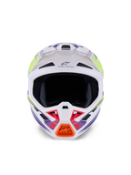 Casque Alpinestars S-M7 Fuse, casque de motocross, blanc, jaune fluo et violet brillant, vue de face avec multiples entrées d'air, coque composite aérodynamique et détail de mentonnière orange.