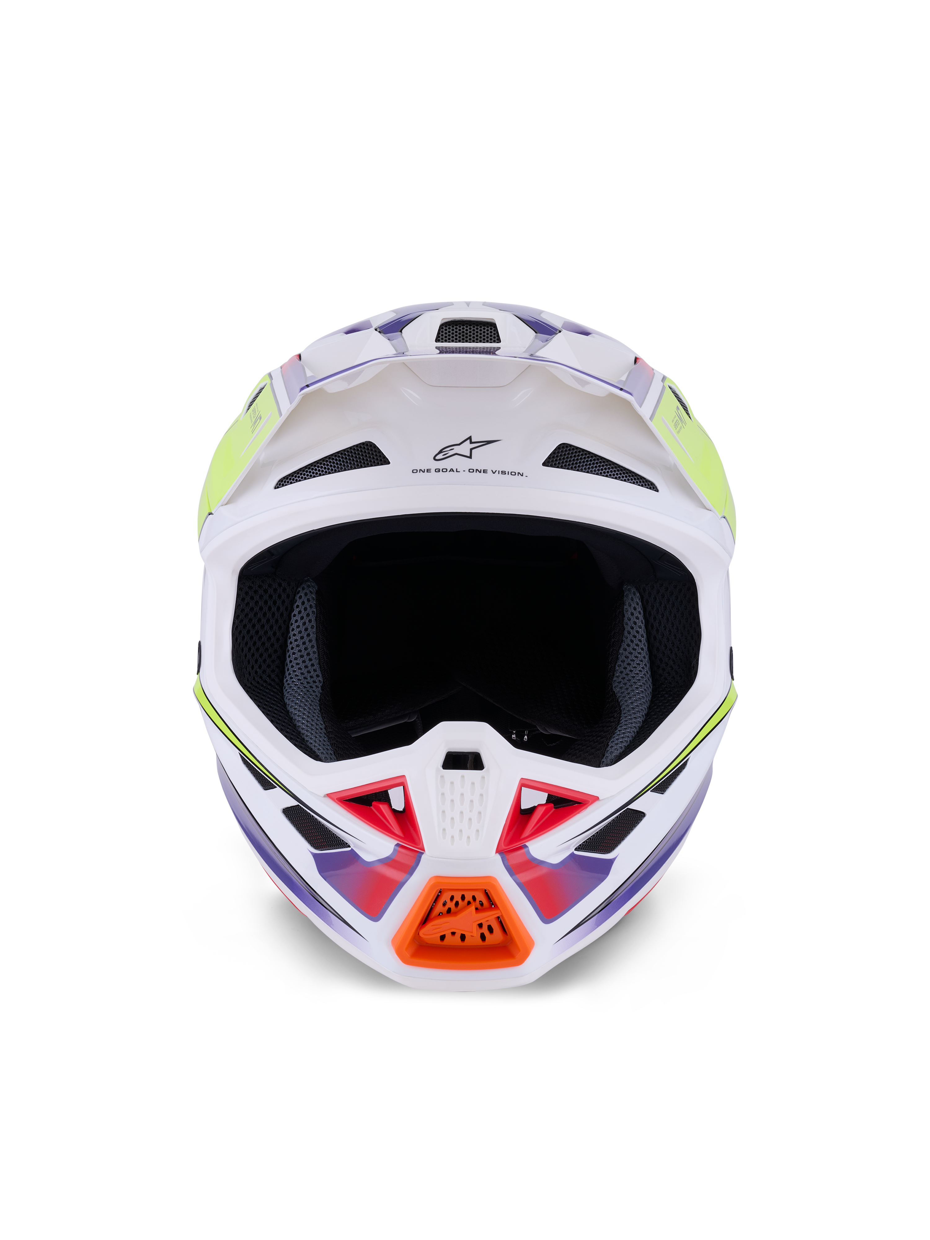 Casque Alpinestars S-M7 Fuse, casque de motocross, blanc, jaune fluo et violet brillant, vue de face avec multiples entrées d'air, coque composite aérodynamique et détail de mentonnière orange.