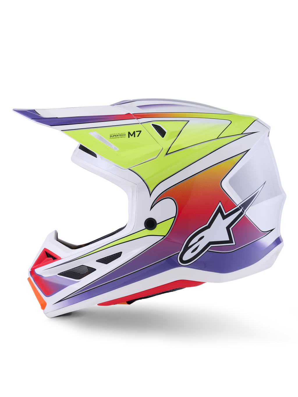 Casque Alpinestars S-M7 Fuse, casque de motocross, blanc, jaune fluo et violet brillant, vue de profil montrant une coque aérodynamique avec des graphismes en dégradé coloré, des ports de ventilation noirs et le logo Alpinestars blanc, équipement de course tout-terrain haute performance.