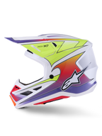 Casque Alpinestars S-M7 Fuse, casque de motocross, blanc, jaune fluo et violet brillant, vue de profil montrant une coque aérodynamique avec des graphismes en dégradé coloré, des ports de ventilation noirs et le logo Alpinestars blanc, équipement de course tout-terrain haute performance.