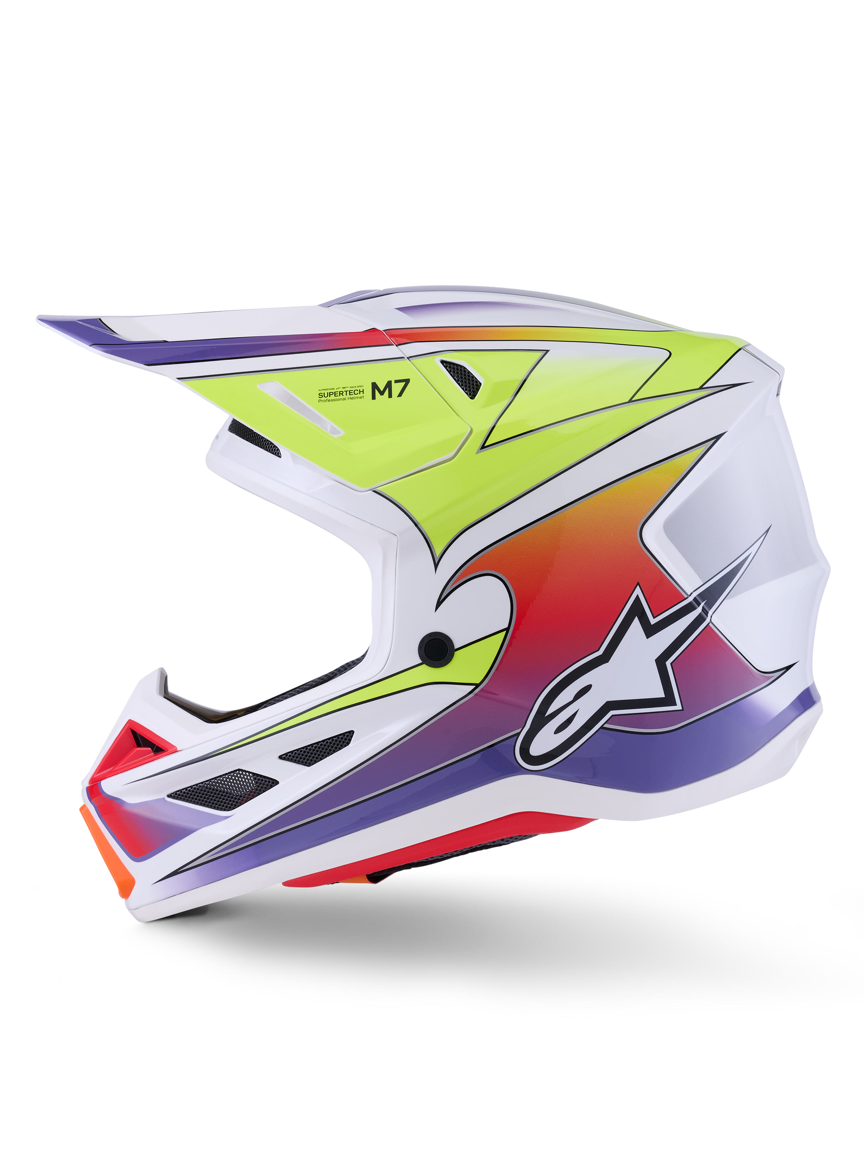 Casque Alpinestars S-M7 Fuse, casque de motocross, blanc, jaune fluo et violet brillant, vue de profil montrant une coque aérodynamique avec des graphismes en dégradé coloré, des ports de ventilation noirs et le logo Alpinestars blanc, équipement de course tout-terrain haute performance.