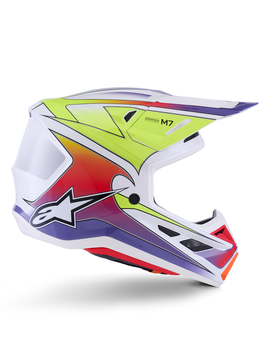 Casque Alpinestars S-M7 Fuse, casque de motocross, blanc avec dégradés jaune fluo, rouge et violet, finition brillante avec coque aérodynamique, visière intégrée et ports de ventilation en mesh noir