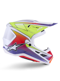 Casque Alpinestars S-M7 Fuse, casque de motocross, blanc avec dégradés jaune fluo, rouge et violet, finition brillante avec coque aérodynamique, visière intégrée et ports de ventilation en mesh noir