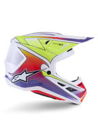 Casque Alpinestars S-M7 Fuse, casque de motocross, blanc avec dégradés jaune fluo, rouge et violet, finition brillante avec coque aérodynamique, visière intégrée et ports de ventilation en mesh noir