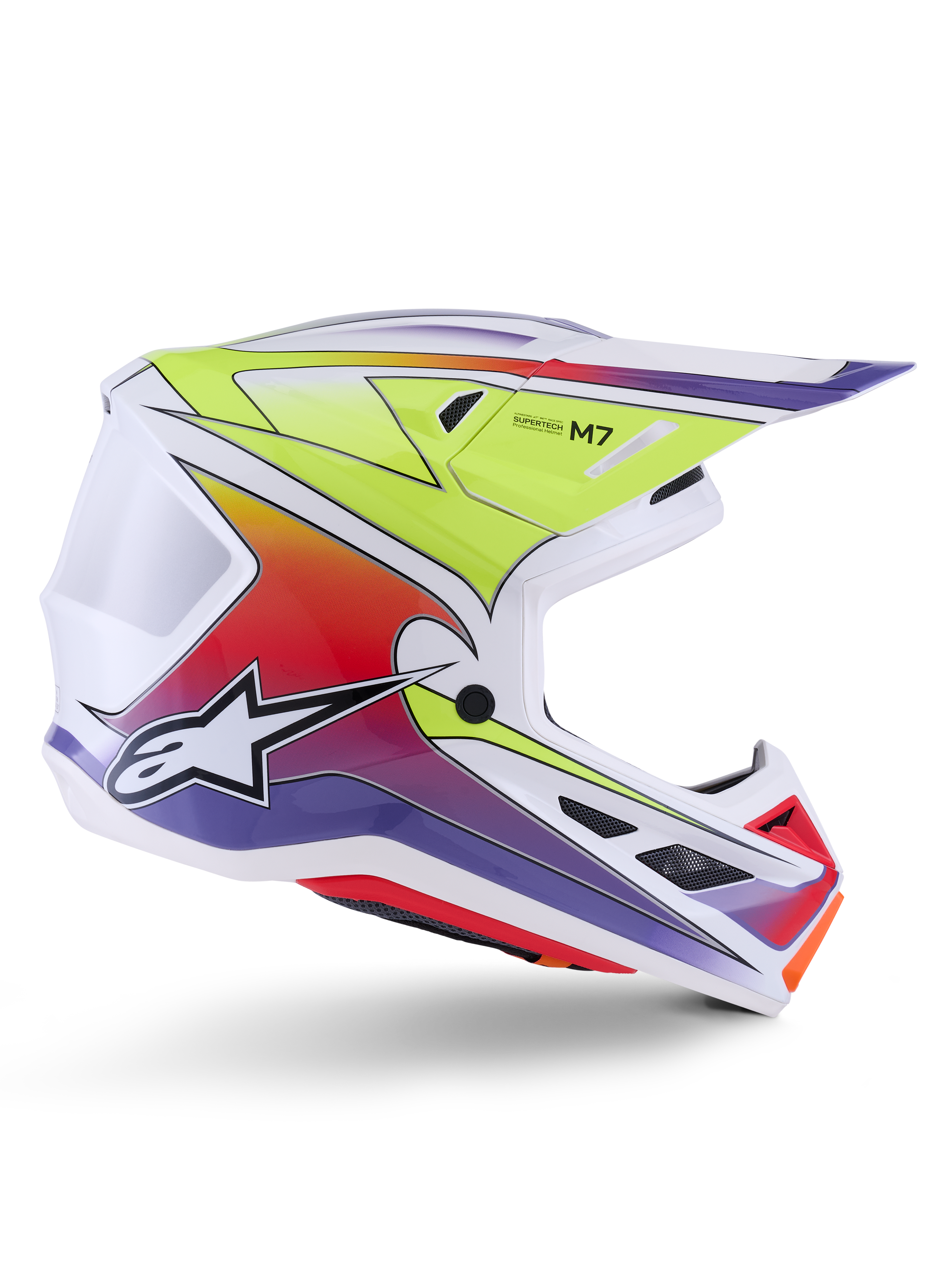 Casque Alpinestars S-M7 Fuse, casque de motocross, blanc avec dégradés jaune fluo, rouge et violet, finition brillante avec coque aérodynamique, visière intégrée et ports de ventilation en mesh noir