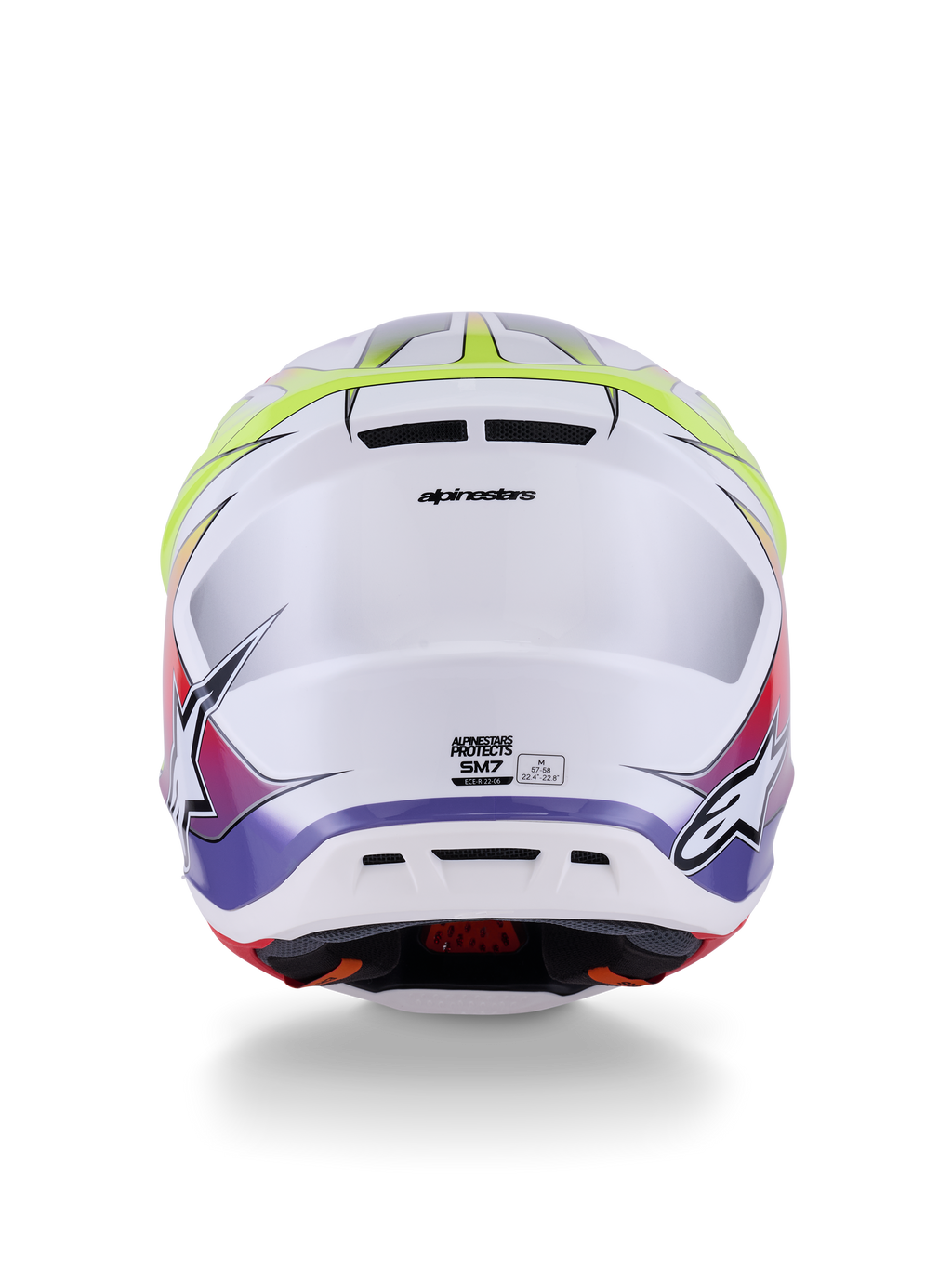 Casque Alpinestars S-M7 Fuse ECE 22.06, casque de motocross, blanc, jaune fluo et violet brillant, vue arrière montrant les évents d'extraction intégrés, le marquage Alpinestars et les logos latéraux, design de coque aérodynamique épuré.