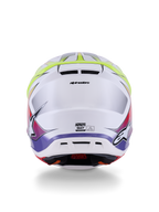 Casque Alpinestars S-M7 Fuse ECE 22.06, casque de motocross, blanc, jaune fluo et violet brillant, vue arrière montrant les évents d'extraction intégrés, le marquage Alpinestars et les logos latéraux, design de coque aérodynamique épuré.