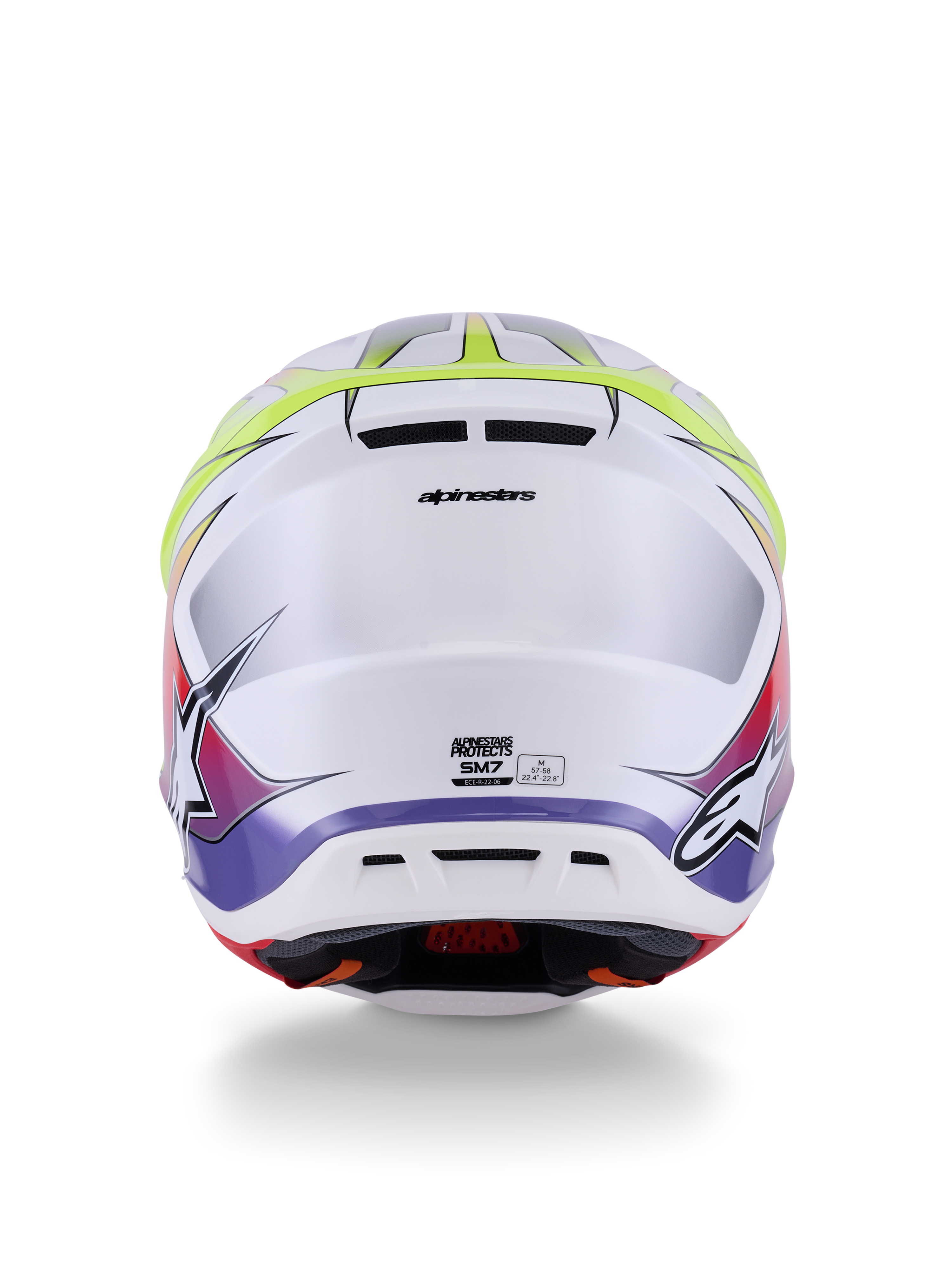 Casque Alpinestars S-M7 Fuse ECE 22.06, casque de motocross, blanc, jaune fluo et violet brillant, vue arrière montrant les évents d'extraction intégrés, le marquage Alpinestars et les logos latéraux, design de coque aérodynamique épuré.