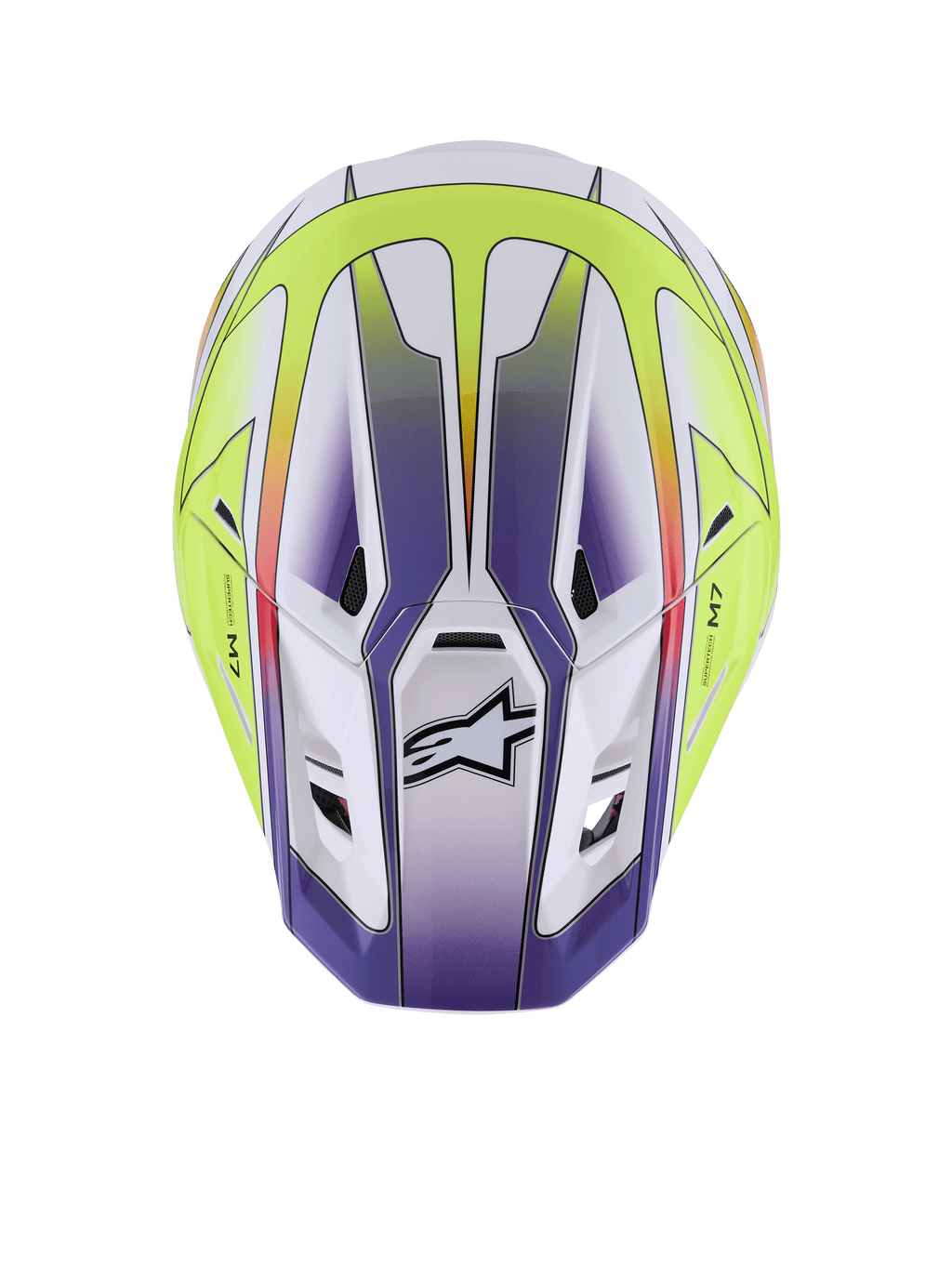 Casque Alpinestars S-M7 Fuse, casque de motocross, blanc, jaune fluo et violet brillant, vue de dessus montrant la coque aérodynamique avec ports de ventilation et logo Alpinestars noir, protection haut de gamme pour la course tout-terrain