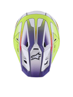 Casque Alpinestars S-M7 Fuse, casque de motocross, blanc, jaune fluo et violet brillant, vue de dessus montrant la coque aérodynamique avec ports de ventilation et logo Alpinestars noir, protection haut de gamme pour la course tout-terrain