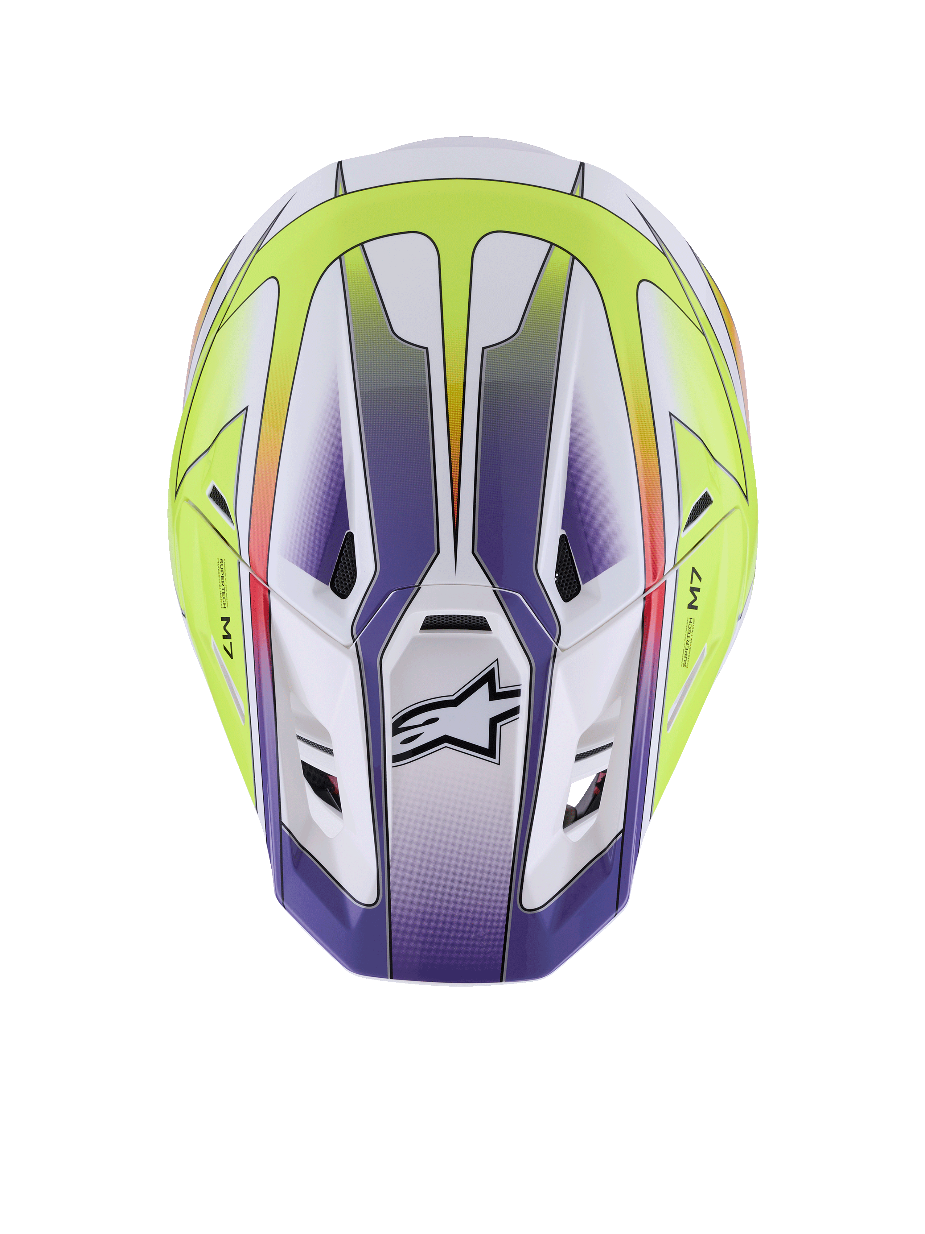 Casque Alpinestars S-M7 Fuse, casque de motocross, blanc, jaune fluo et violet brillant, vue de dessus montrant la coque aérodynamique avec ports de ventilation et logo Alpinestars noir, protection haut de gamme pour la course tout-terrain