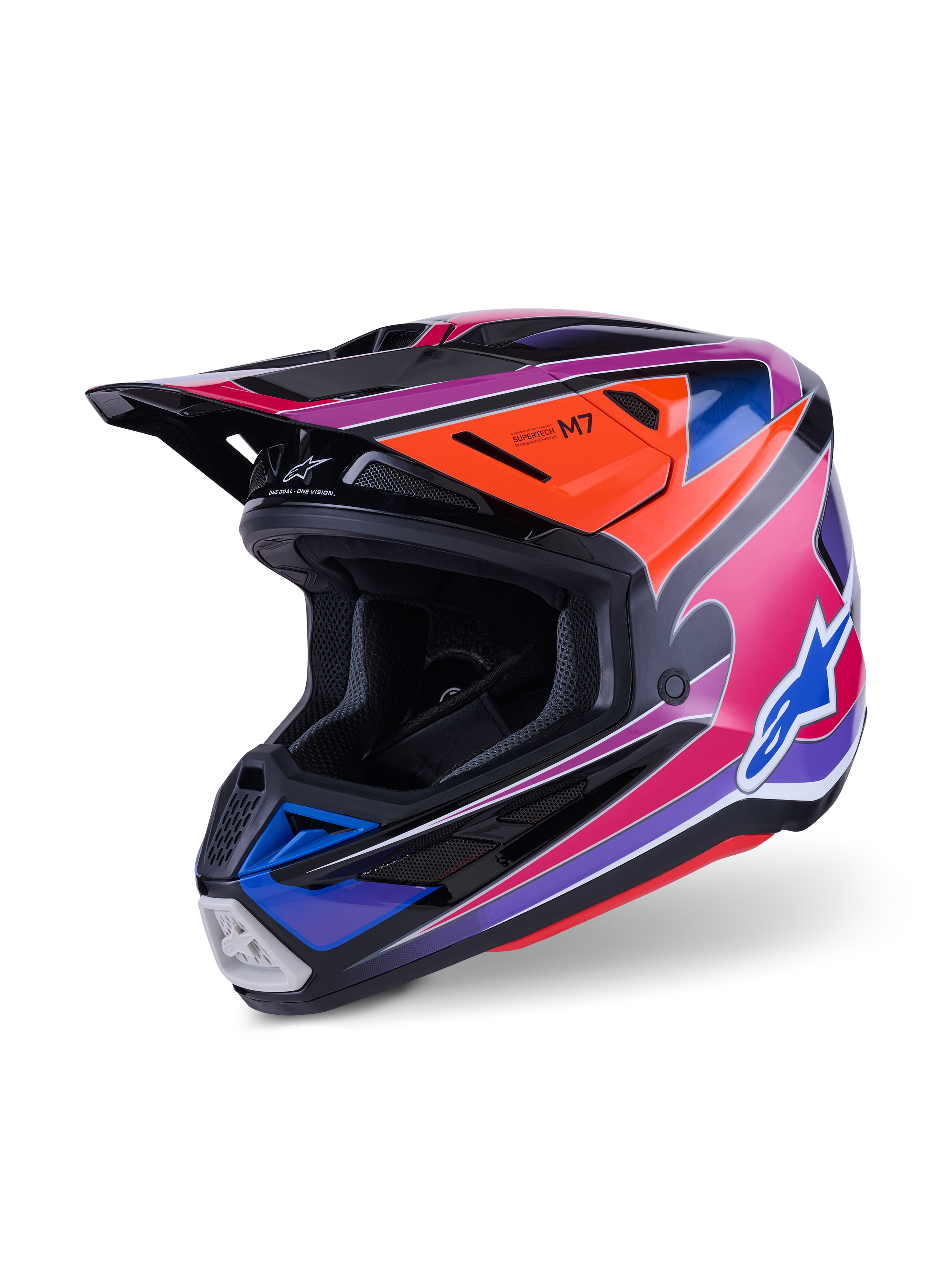 Casque Alpinestars S-M7 Fuse, casque de motocross, bleu, violet et rose brillant, doté de graphismes multicolores éclatants avec des accents orange et noir, coque au design aérodynamique avec multiples prises d'air, équipement de course tout-terrain professionnel