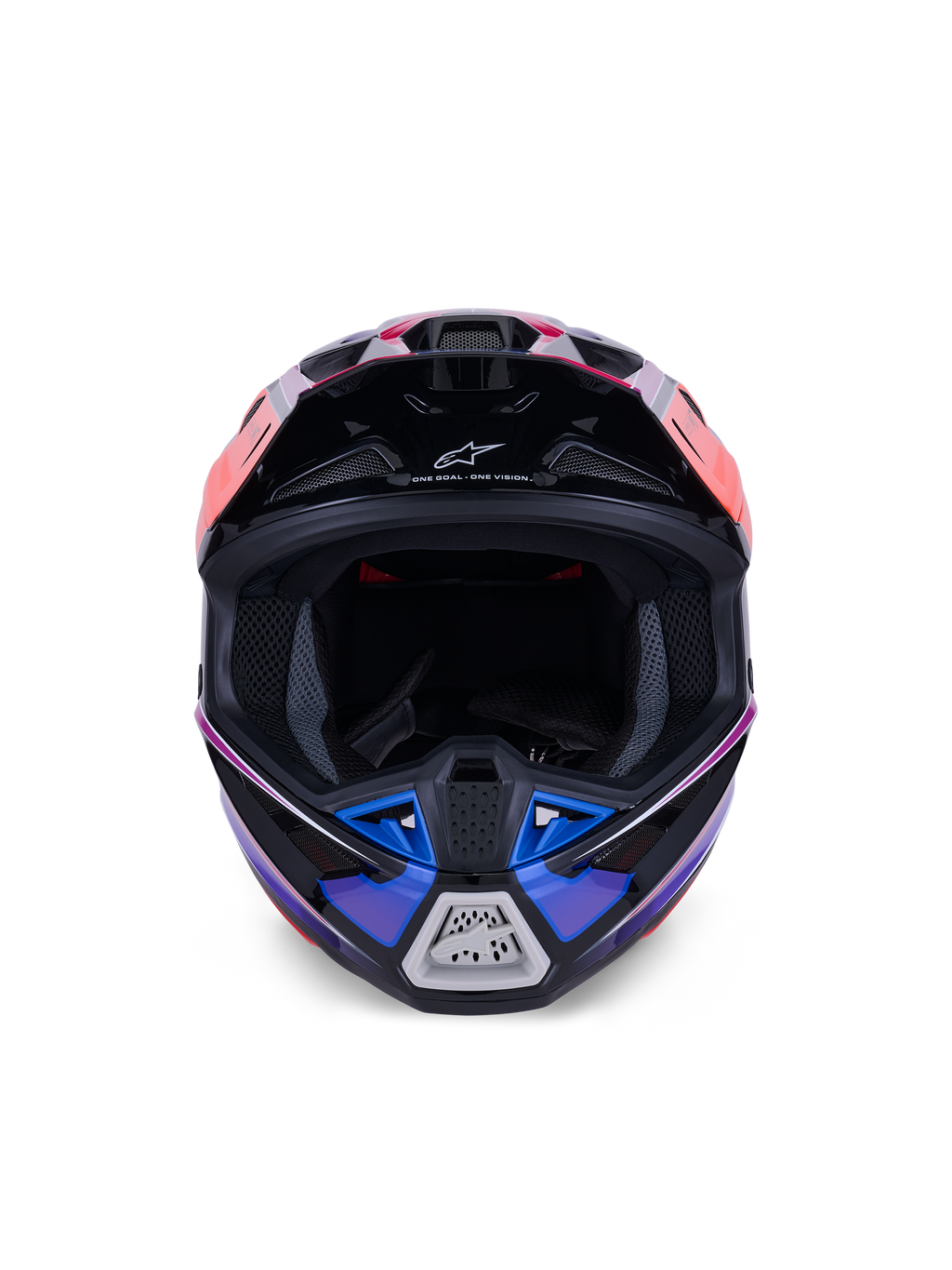 Casque Alpinestars S-M7 Fuse, casque de motocross, bleu, violet et rose brillant, vue de face montrant l'ouverture pour les yeux et la mentonnière ventilée, doté d'accents noirs et du logo Alpinestars, design aérodynamique pour la course tout-terrain
