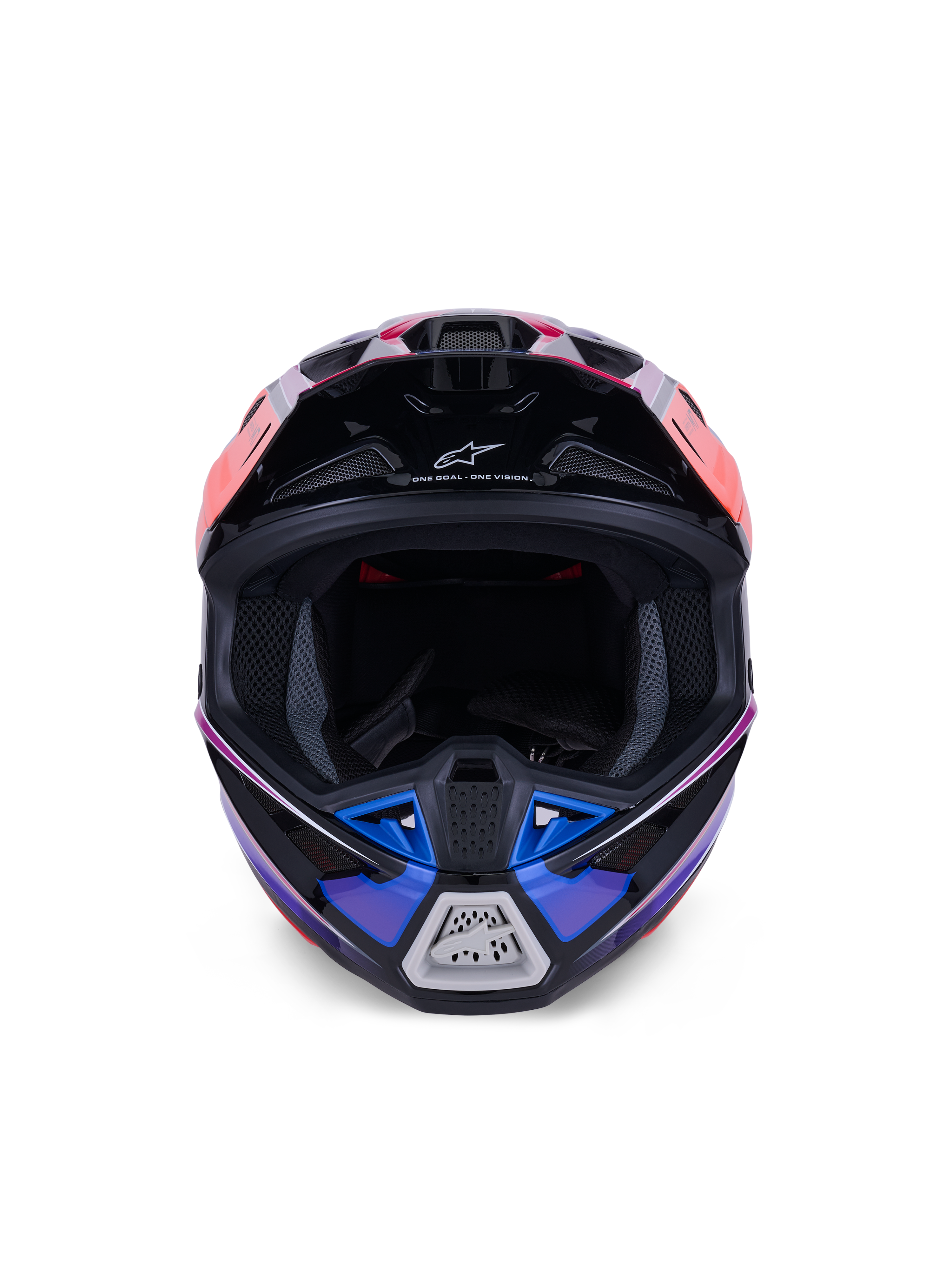 Casque Alpinestars S-M7 Fuse, casque de motocross, bleu, violet et rose brillant, vue de face montrant l'ouverture pour les yeux et la mentonnière ventilée, doté d'accents noirs et du logo Alpinestars, design aérodynamique pour la course tout-terrain