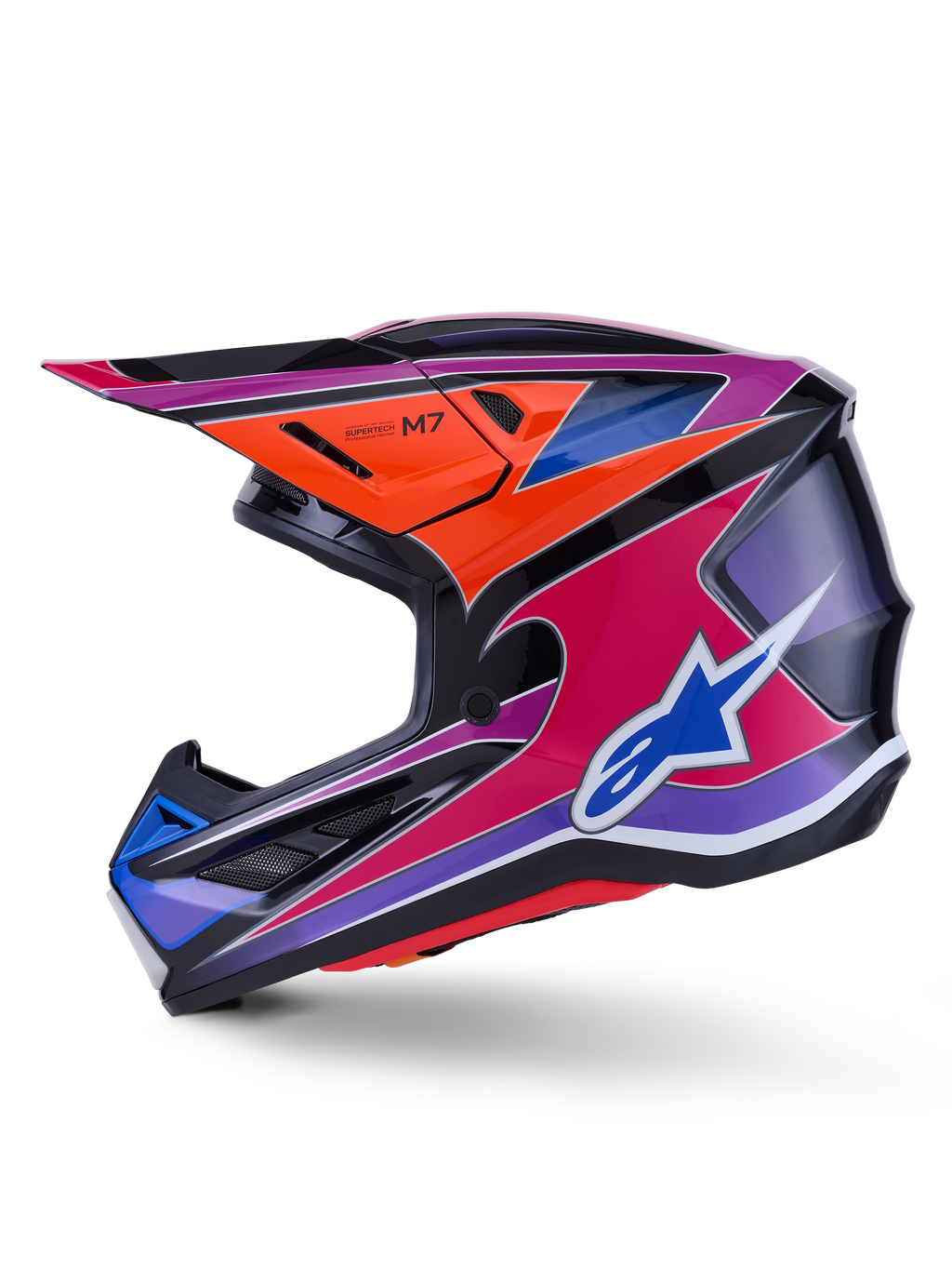 Casque Alpinestars S-M7 Fuse, casque de motocross, bleu, violet, rose et orange brillant, design graphique multicolore éclatant avec logo Alpinestars bleu, coque composite aérodynamique avec visière de protection et orifices de ventilation, équipement de course tout-terrain professionnel